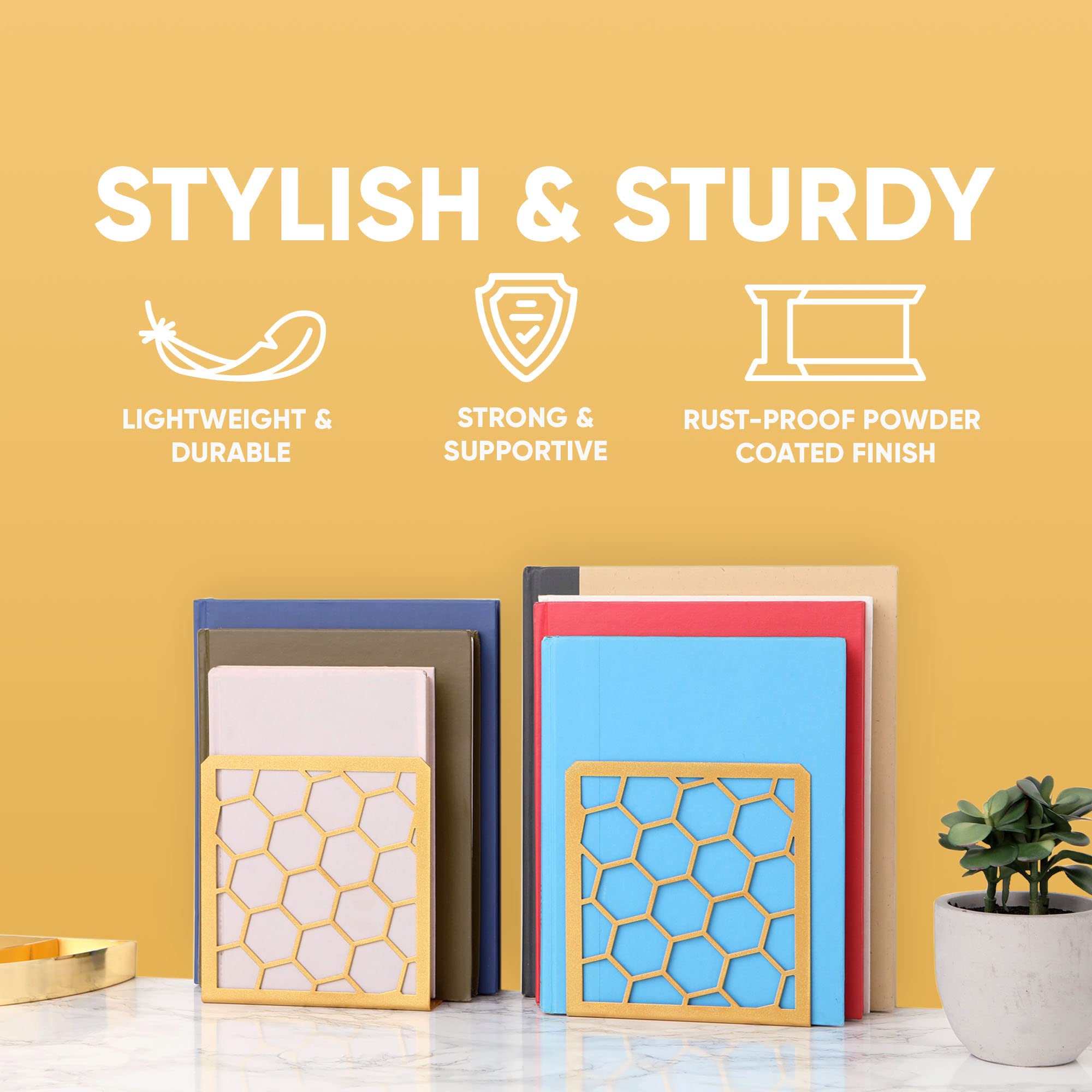 Gold bookends shown with a different row of colored books