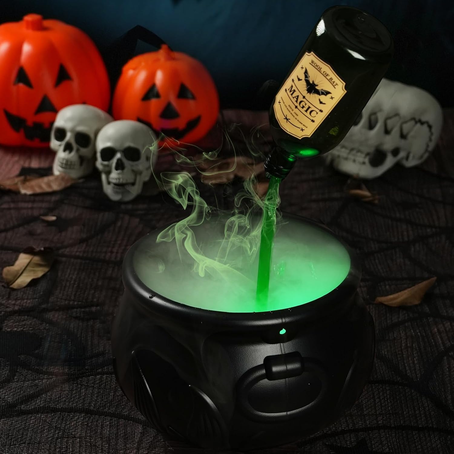 Floating potion assembly beside additional Halloween props