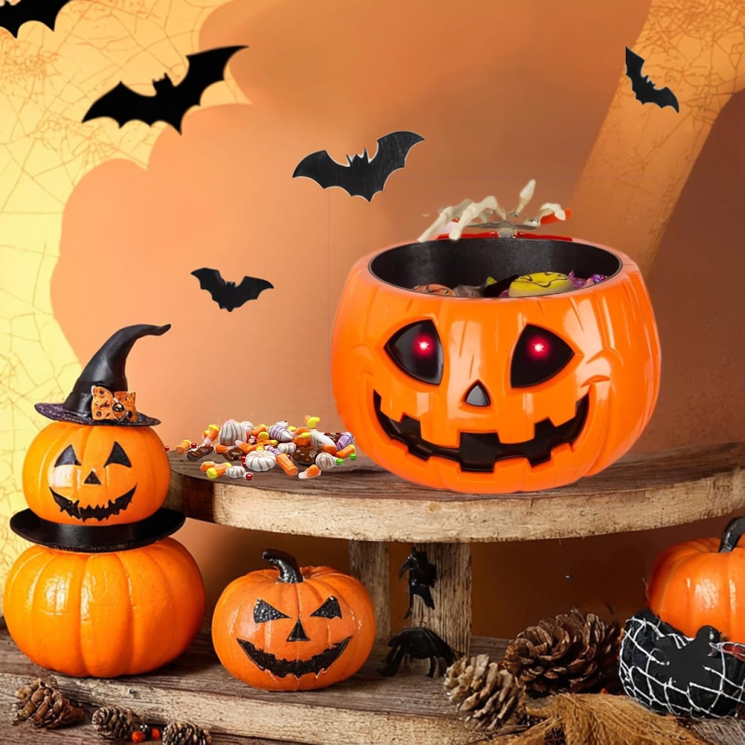 Pumpkin candy bowl in a promotional seasonal display