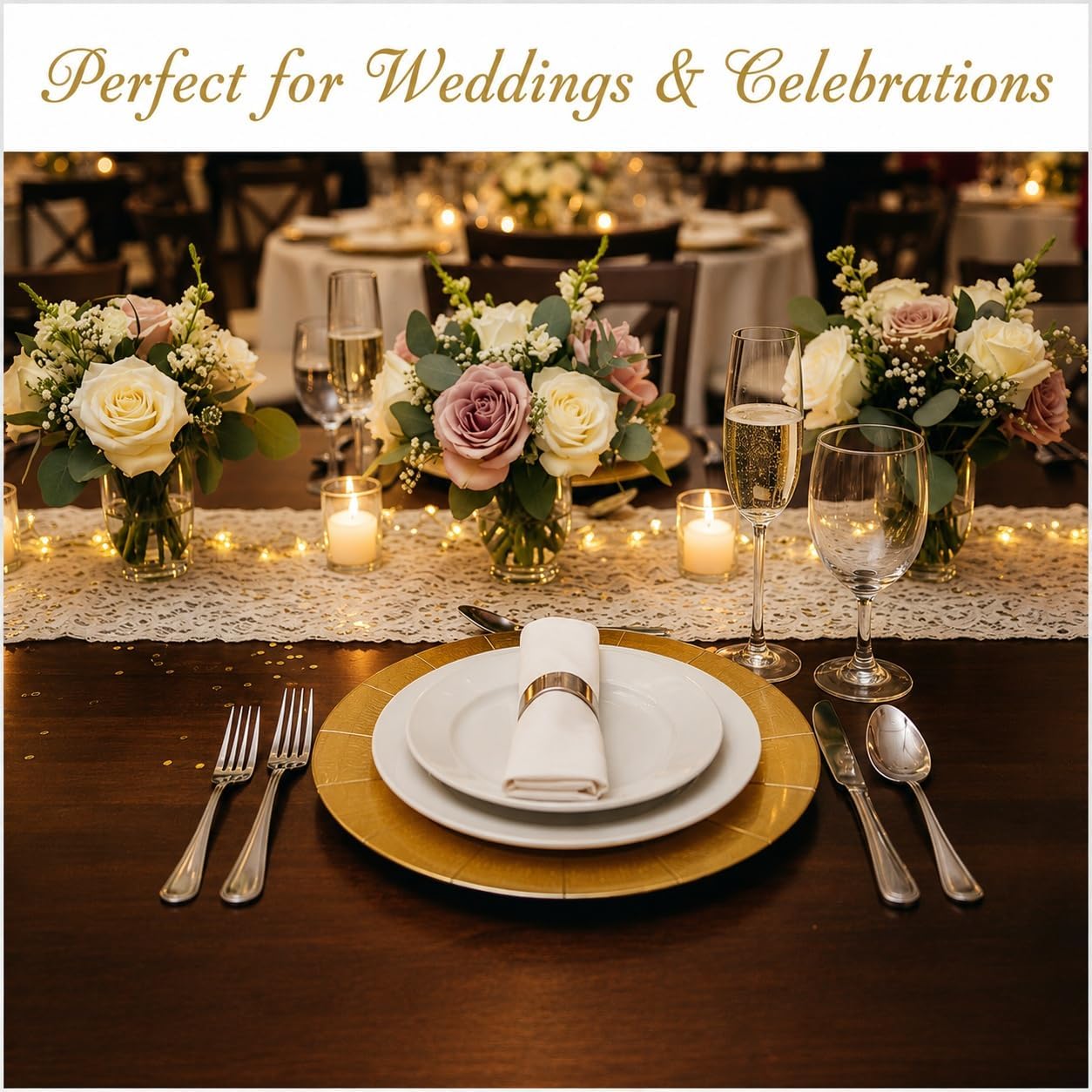 Gold paper chargers beneath separate dinnerware in a supplier table scene