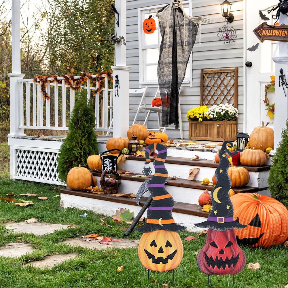 Pumpkin pair beside an entrance in a listing illustration