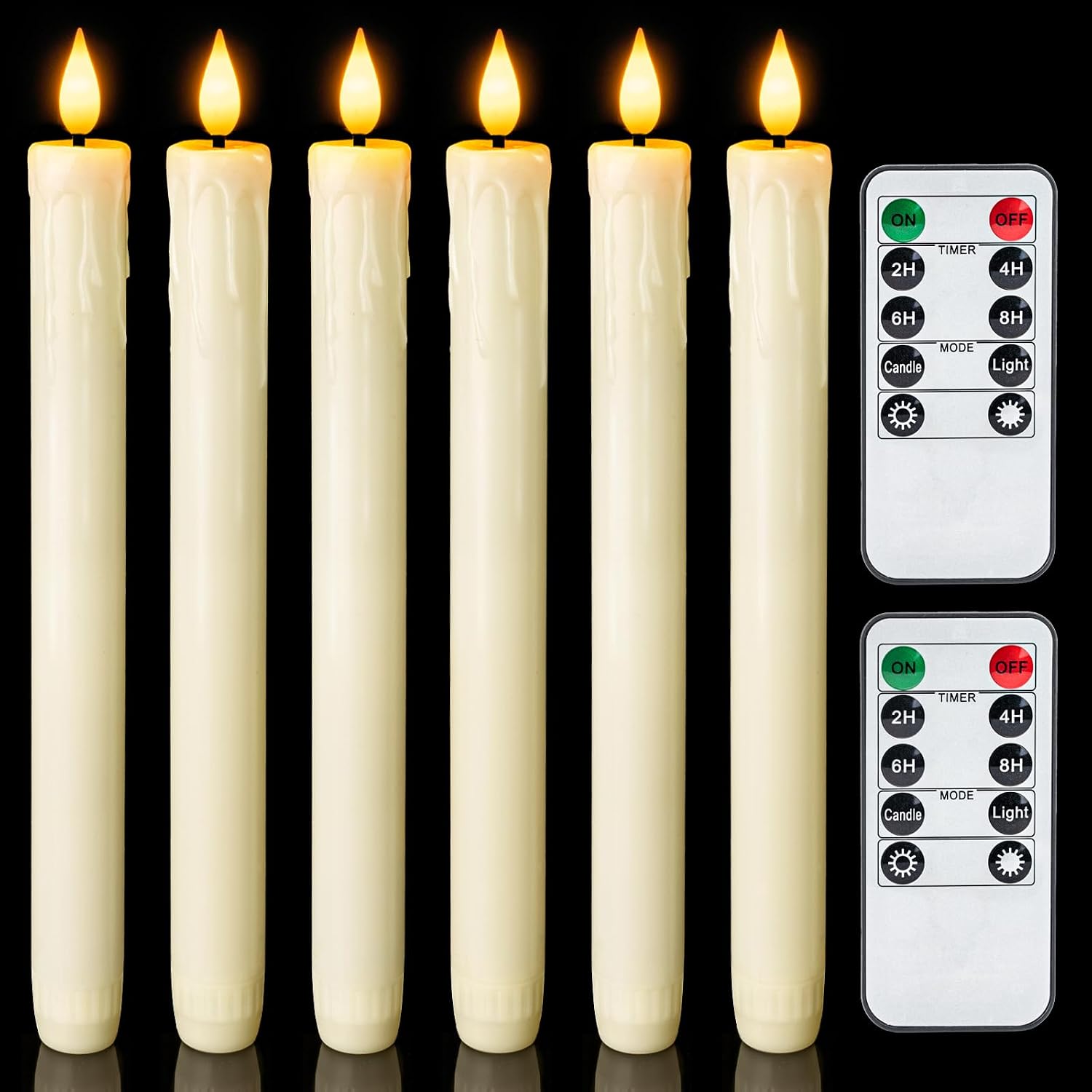 Six ivory Homemory LED taper candles with two remotes