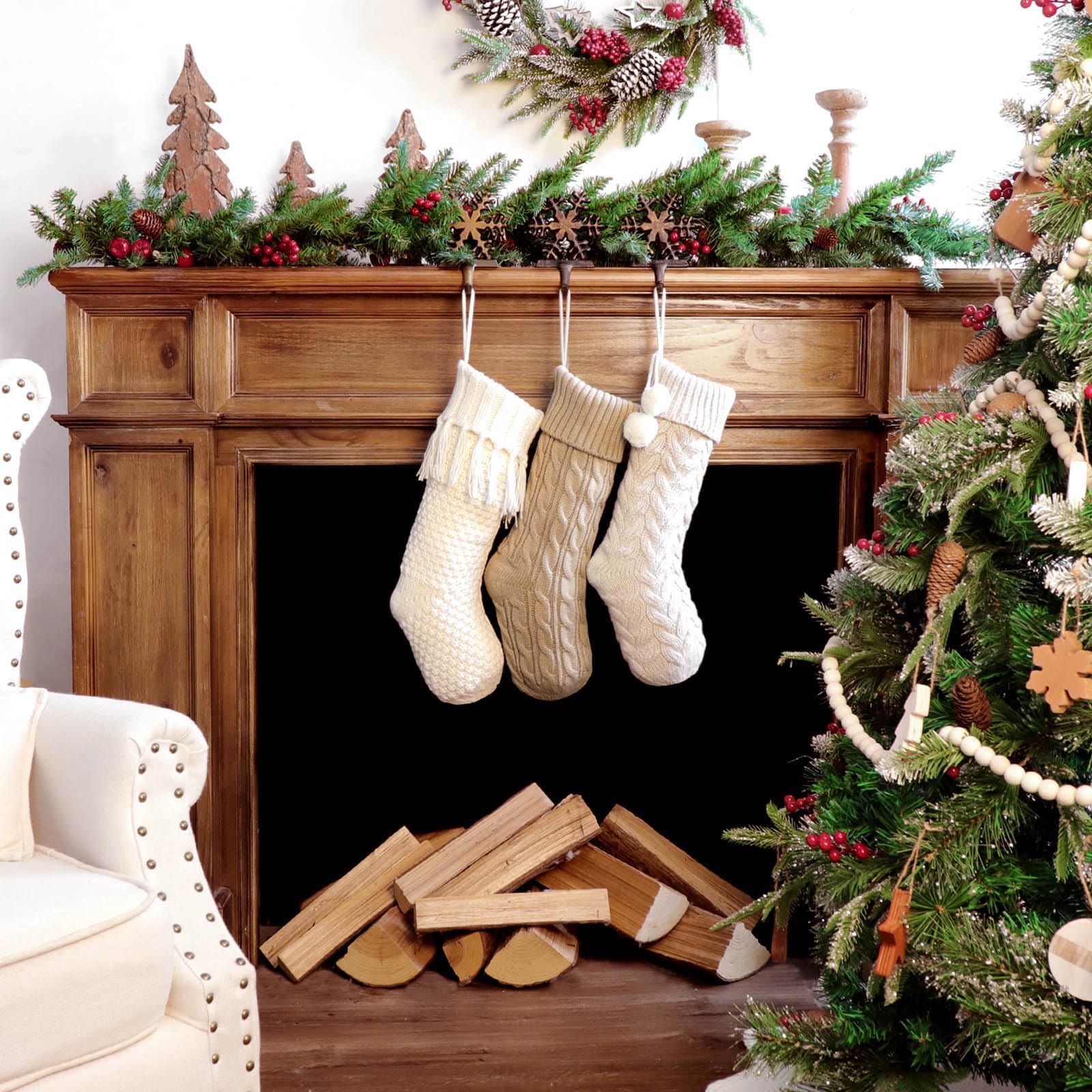 LimBridge stockings in a wider mantel scene with separate tree and decorations