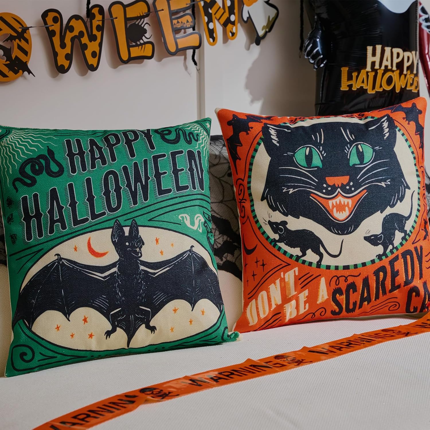 Bat and cat covers in a listing scene