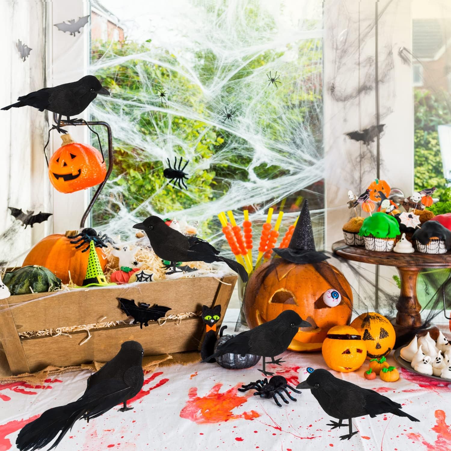 Manufacturer illustration of crow decorations in a seasonal display