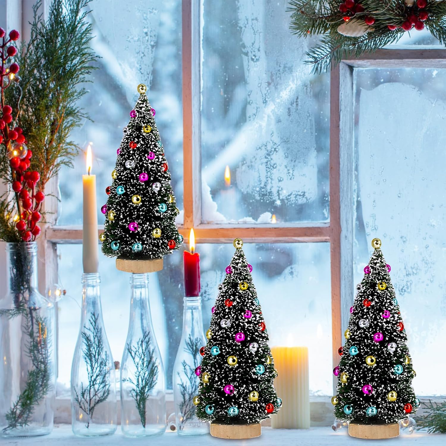 Three miniature trees in a winter-window illustration