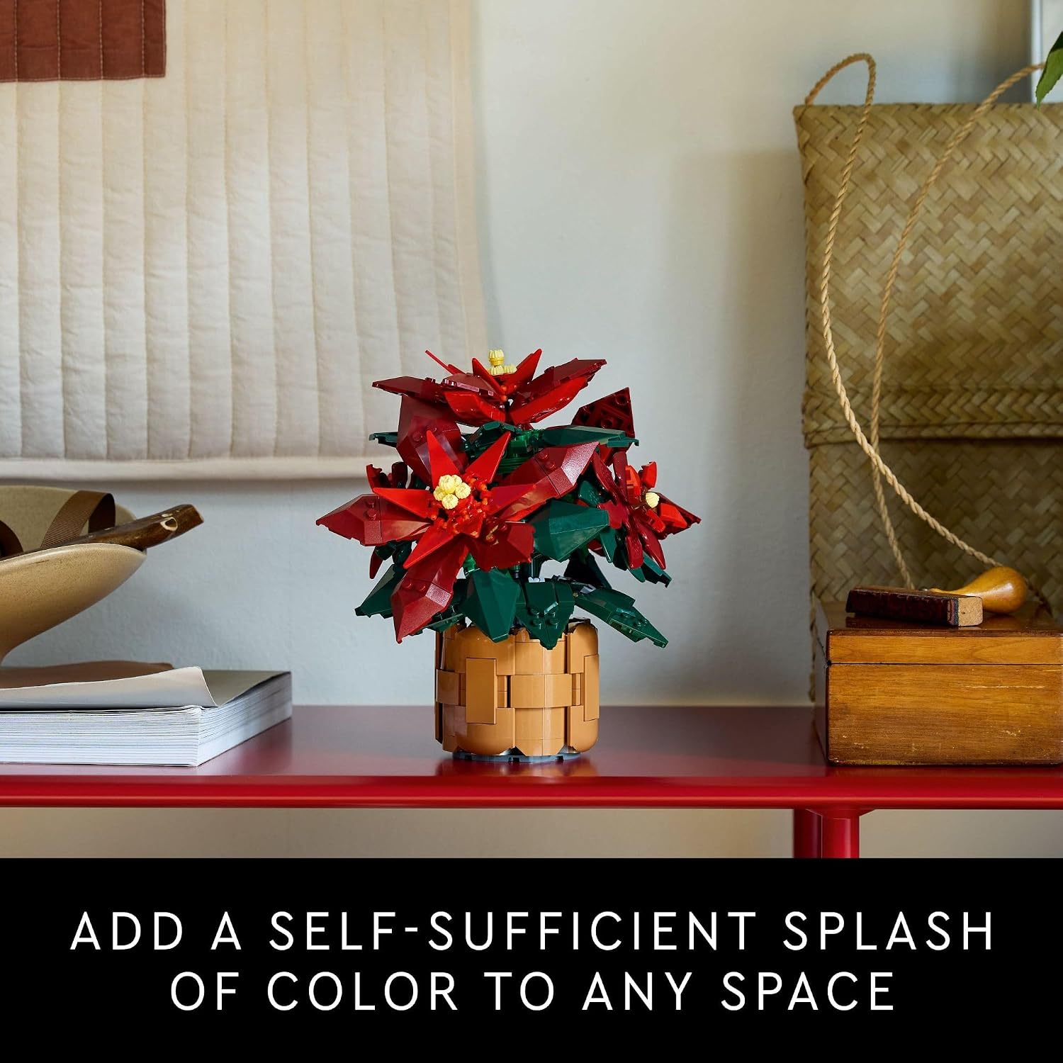 LEGO poinsettia in a shelf styling scene