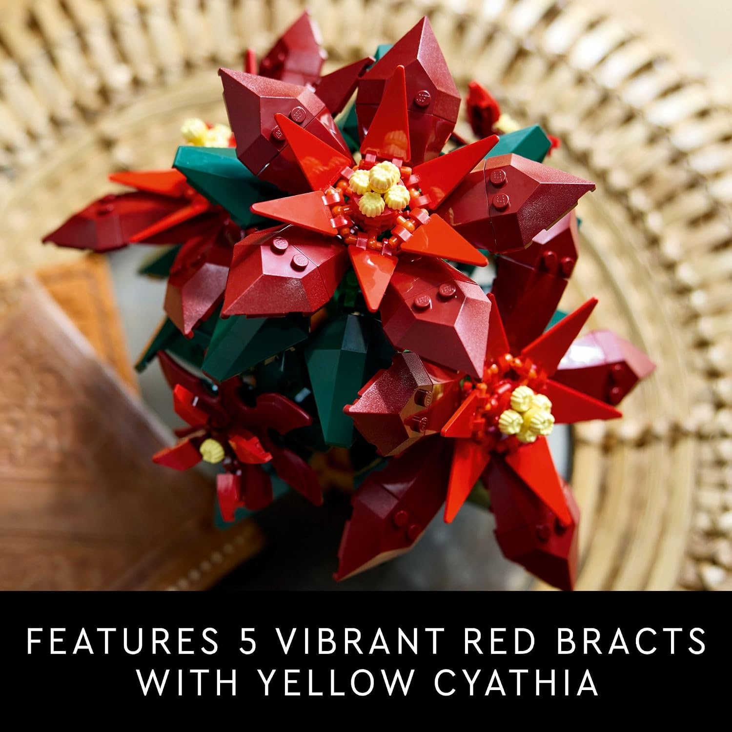 Close-up of red LEGO poinsettia bracts and yellow centers