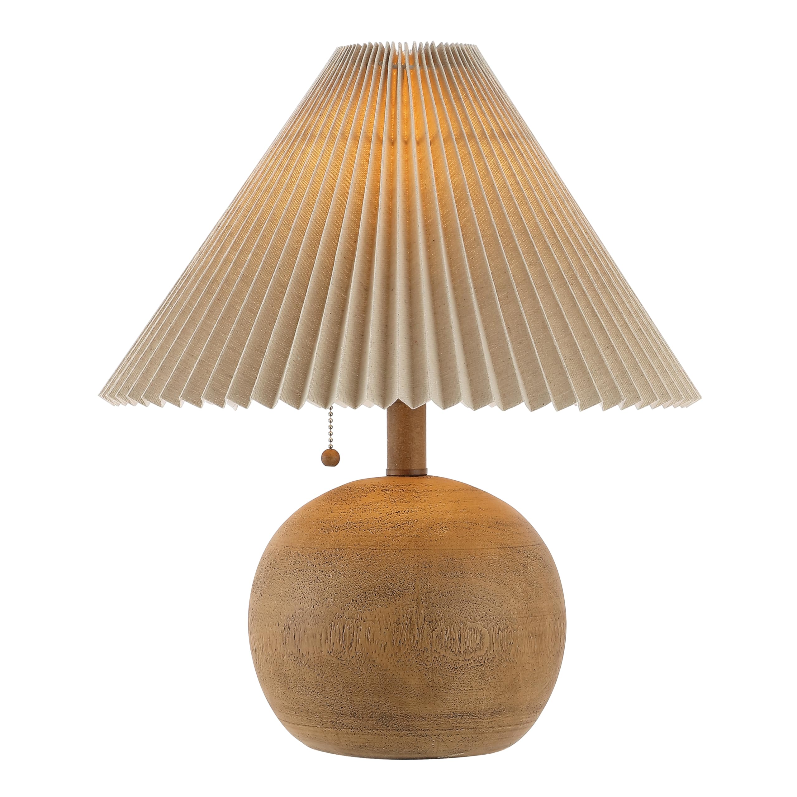 JONATHAN Y Aksel brown wood-finish lamp with its pleated beige shade