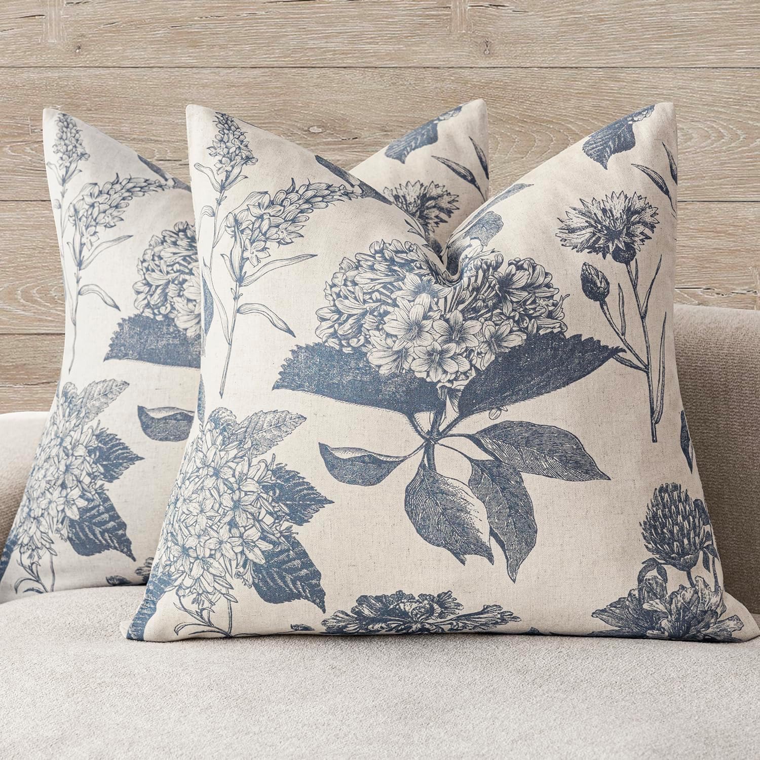 Foindtower blue floral covers on a neutral sofa