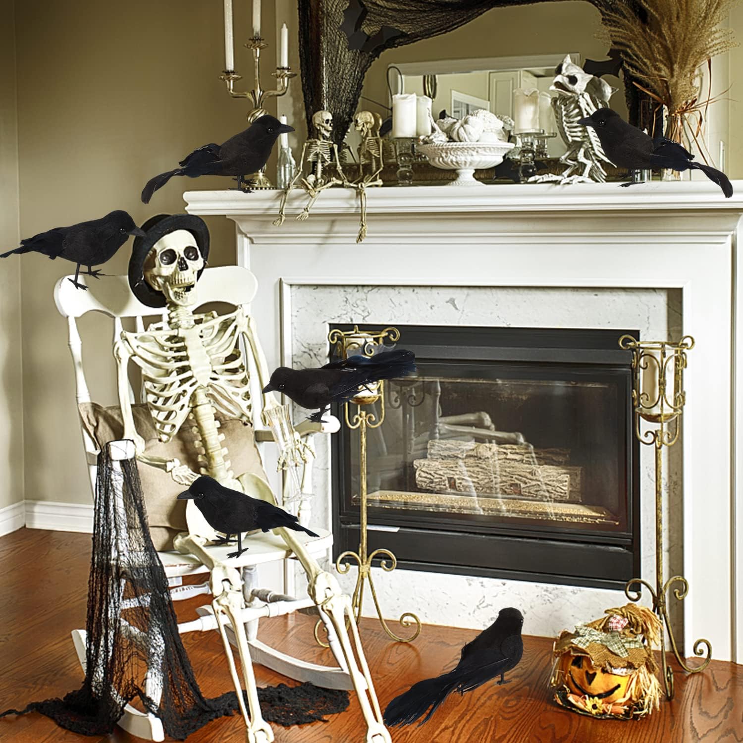 Crow decorations in a manufacturer mantel styling scene