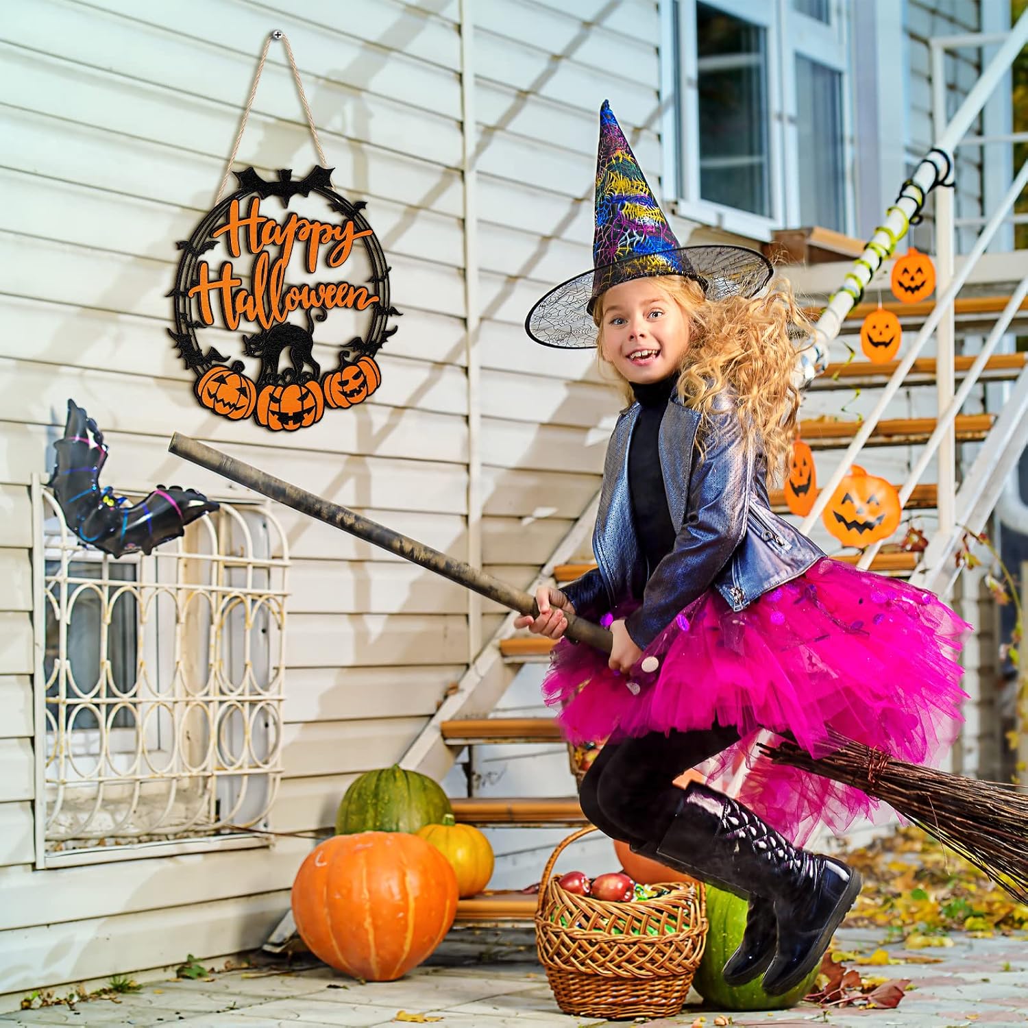Sign beside a costumed person on a styled porch