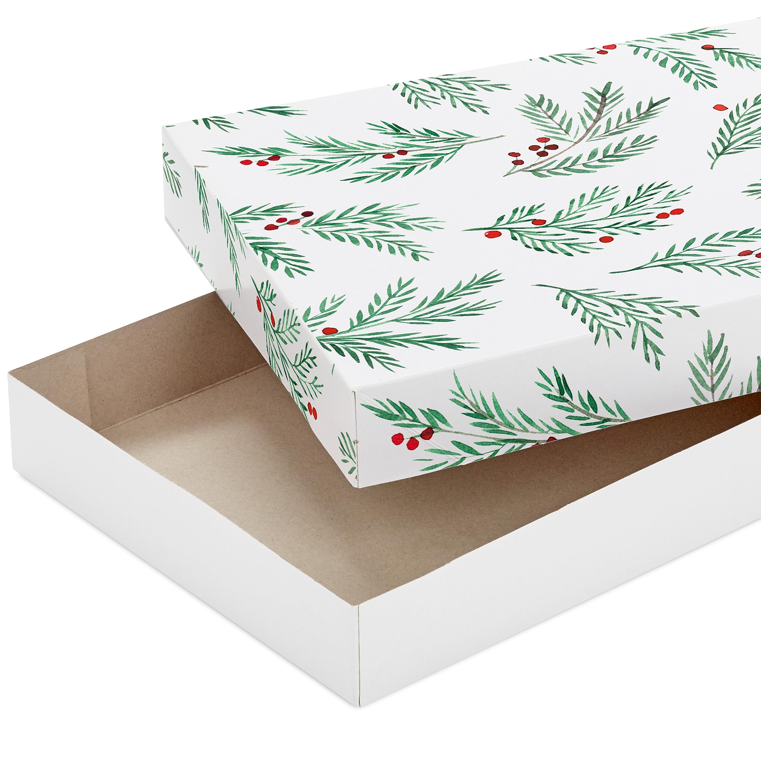 Open Hallmark paper shirt box showing a removable printed greenery lid