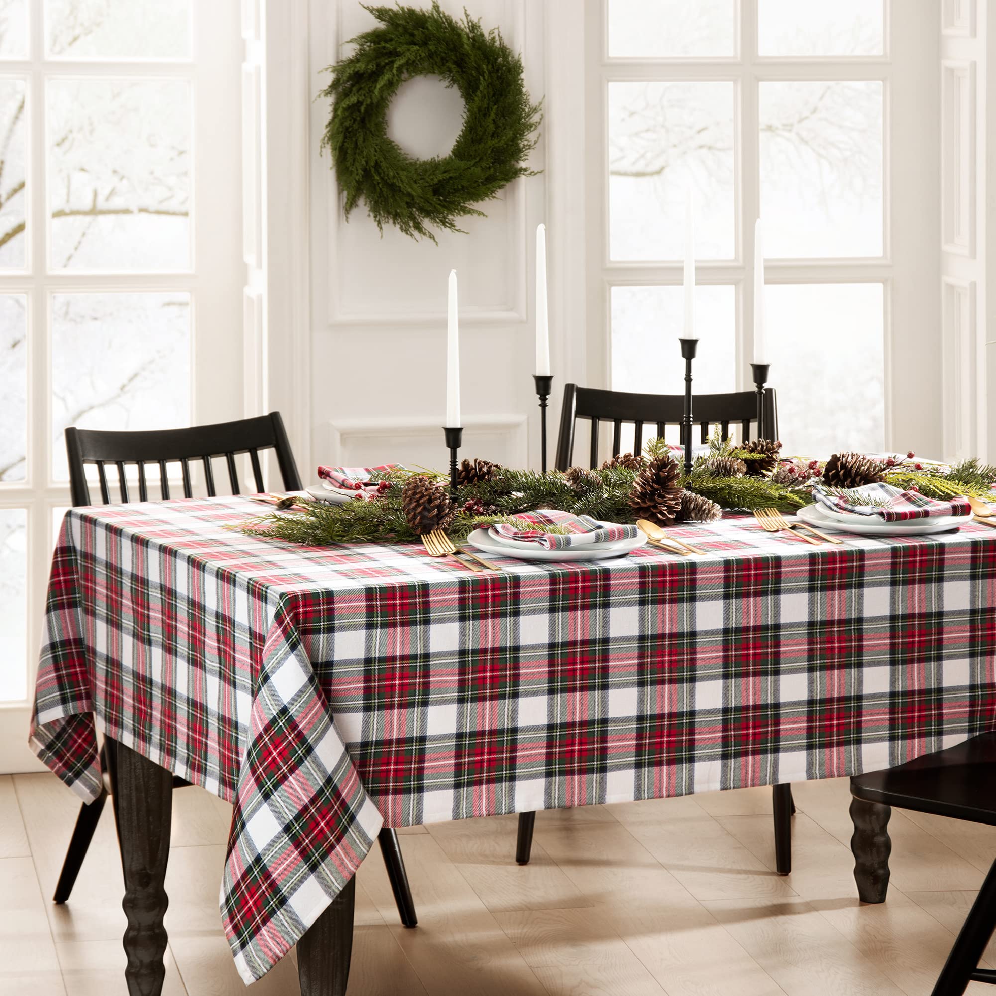 Christmas Classic plaid tablecloth on a styled dining table