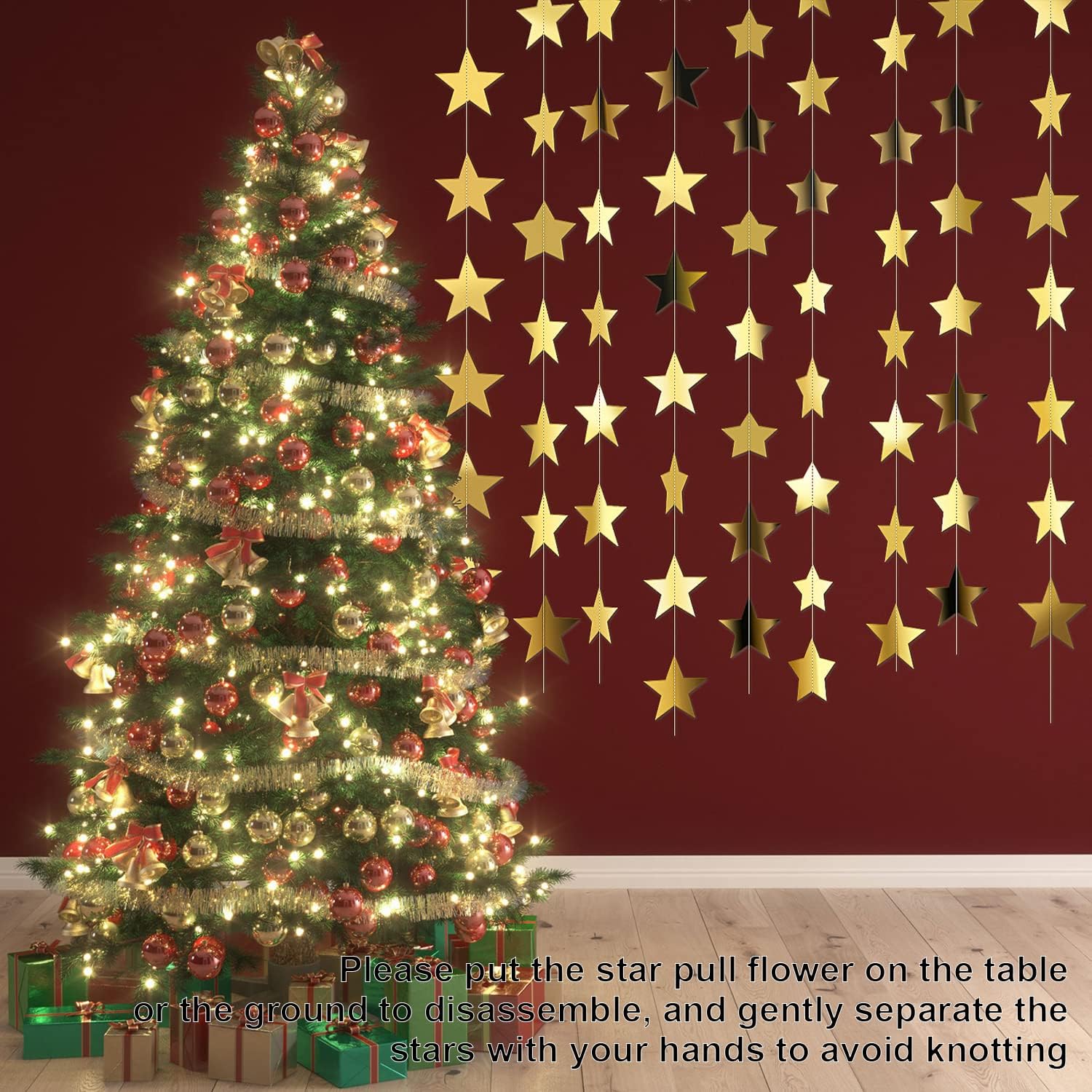Patelai gold star strands in a Christmas backdrop scene