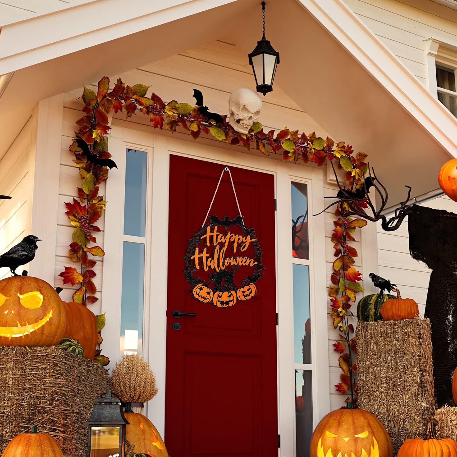 Wooden Halloween sign on a promotional red-door backdrop