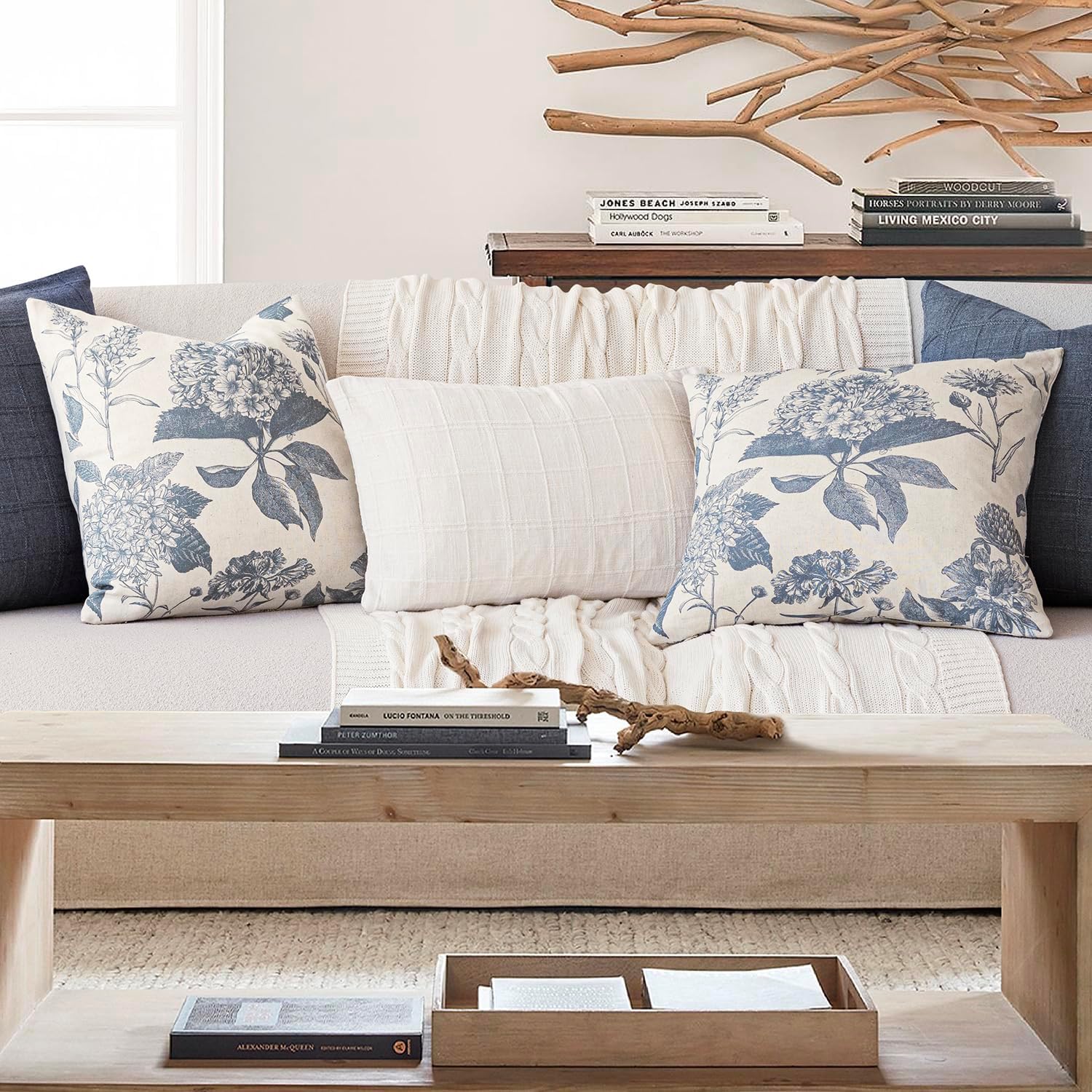 Foindtower blue covers in a supplier sofa arrangement
