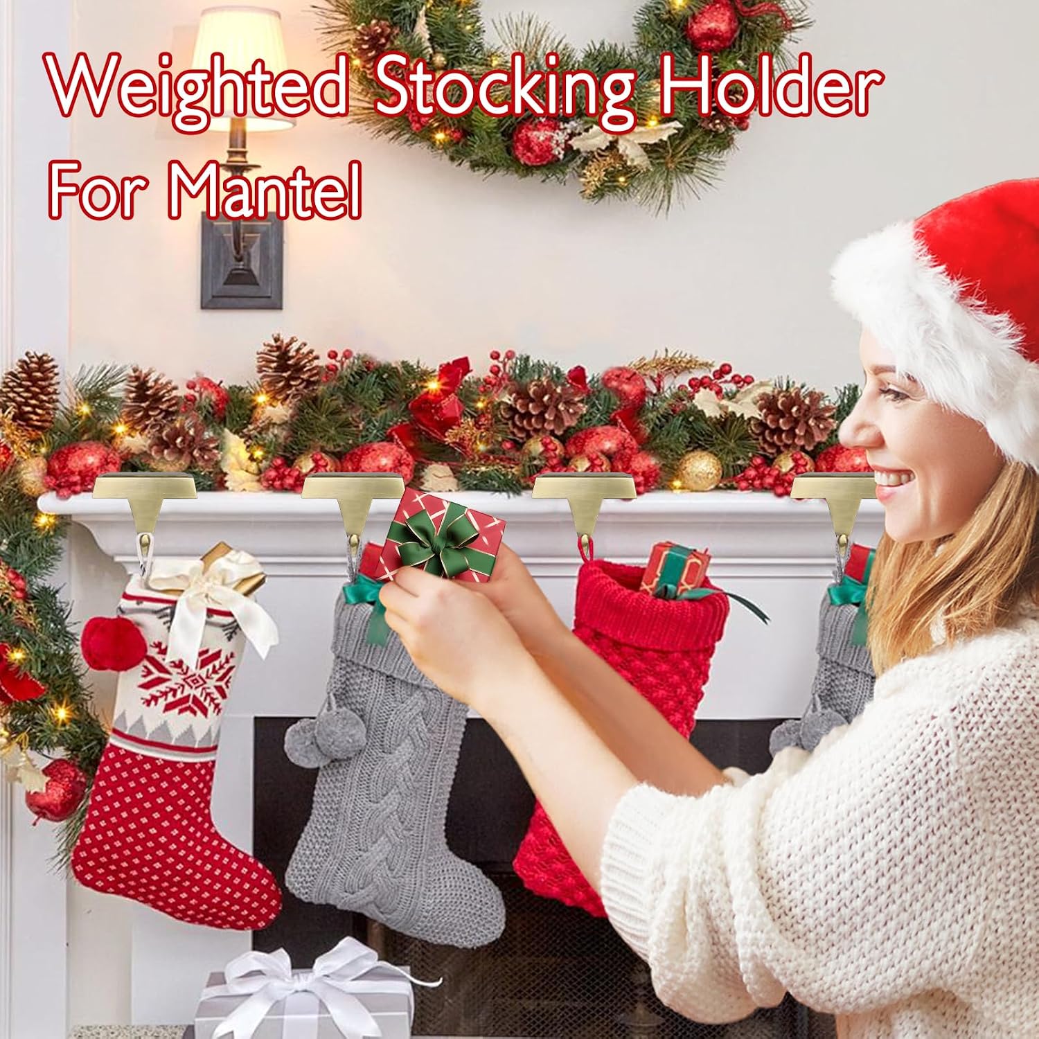 Stocking holders in a promotional gift-arrangement scene