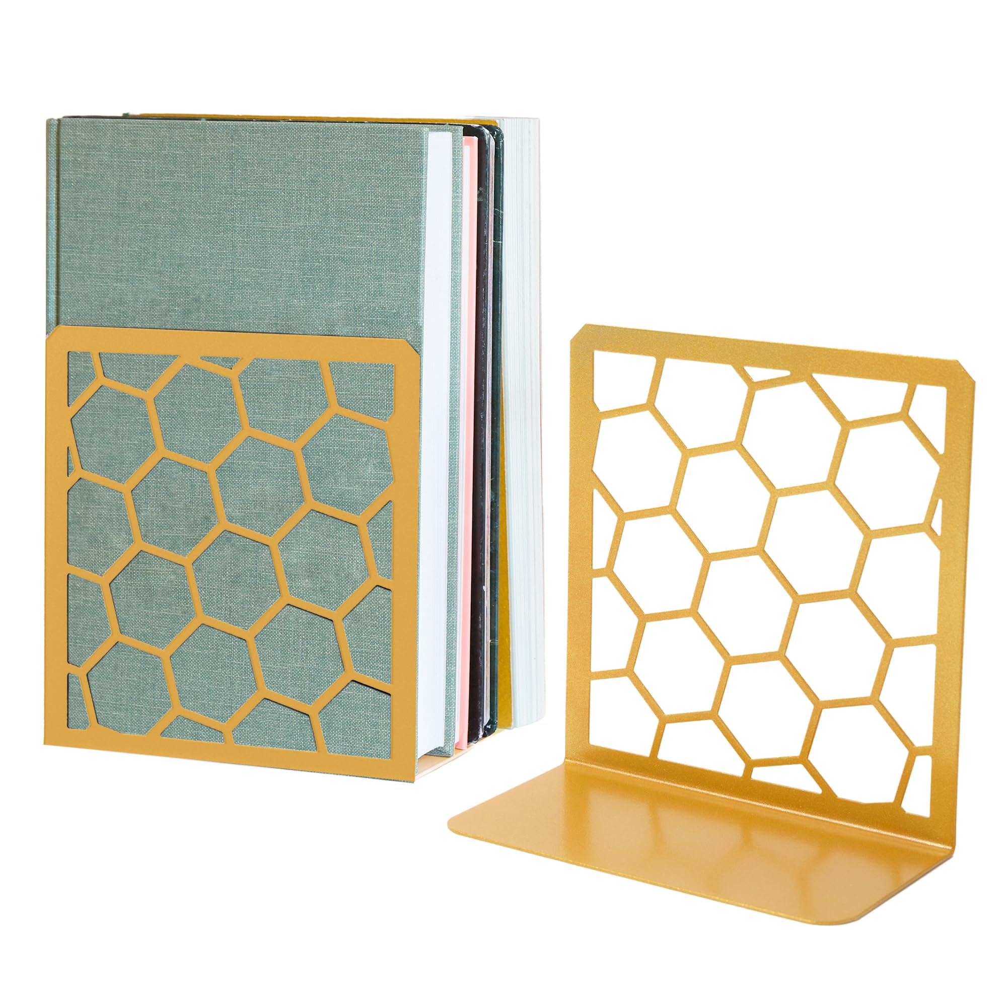 GEOMOD gold honeycomb bookend pair shown with separate books