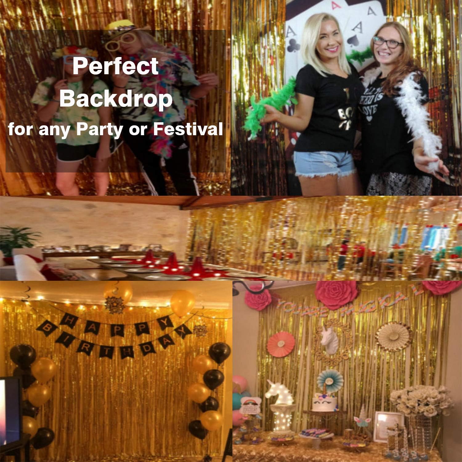 Listing collage of fringe-curtain event settings
