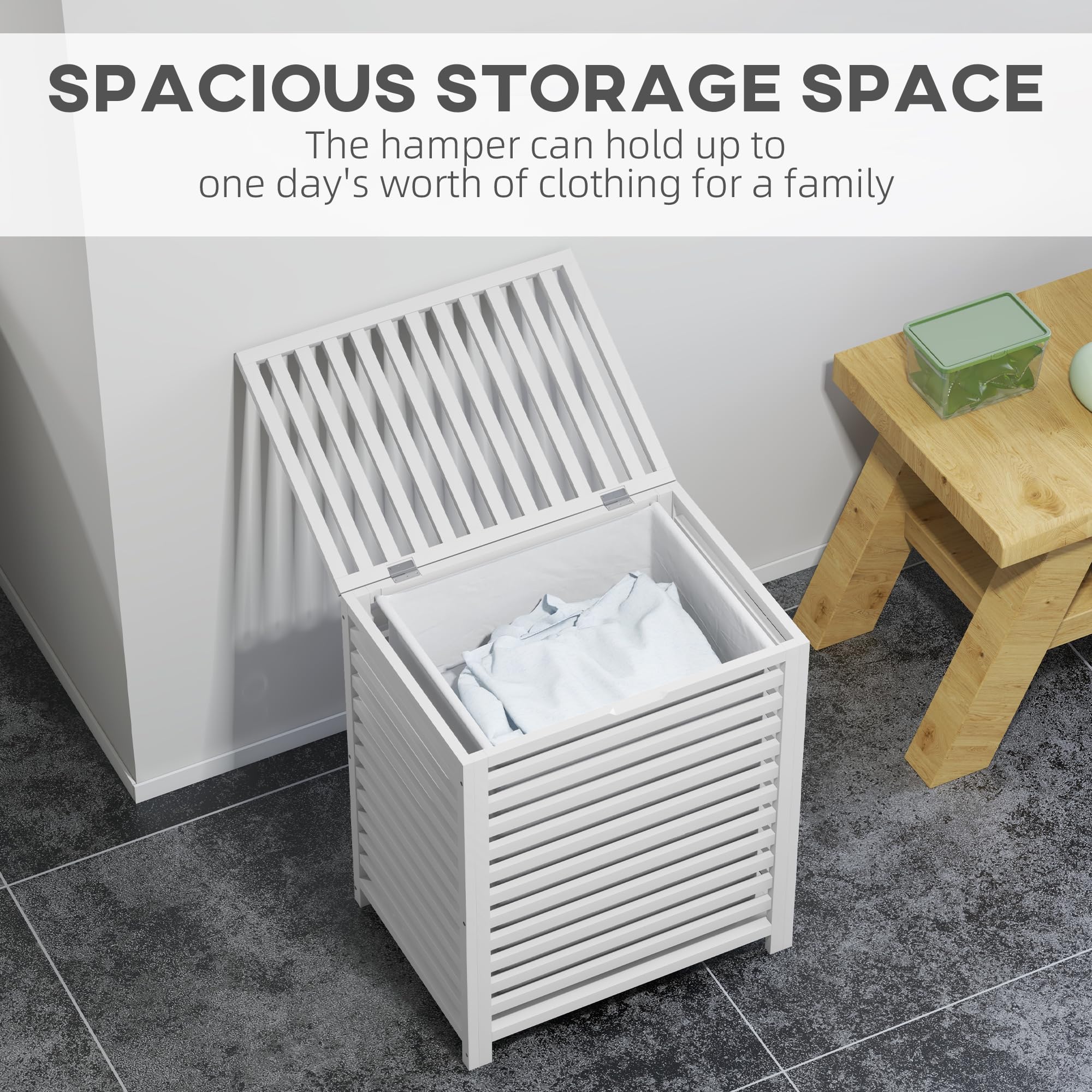 Open white bamboo hamper in a supplier laundry-room scene