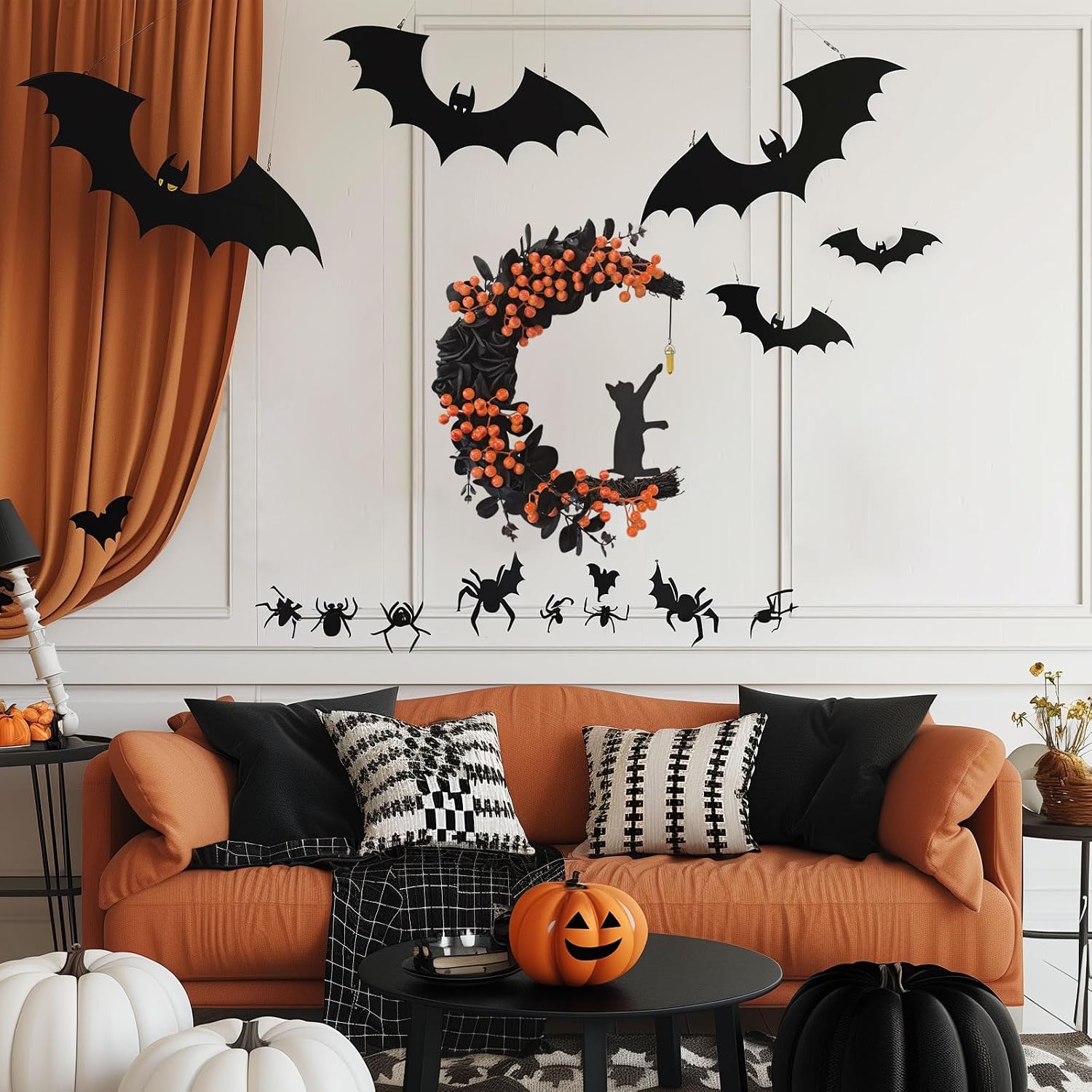 Cat moon wreath in a promotional living-room scene