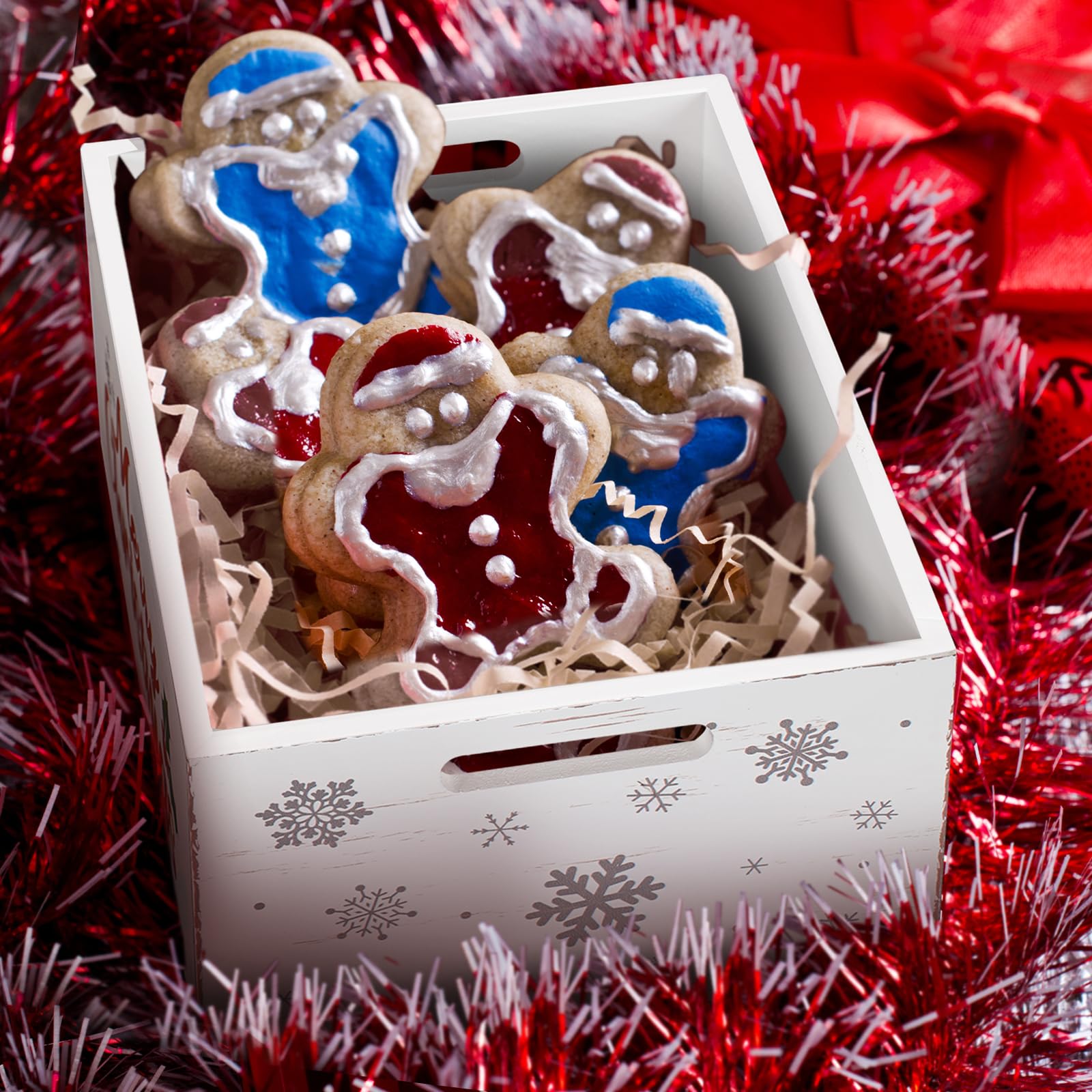Namalu white Christmas crate styled with cookies, not evidence of food-contact certification