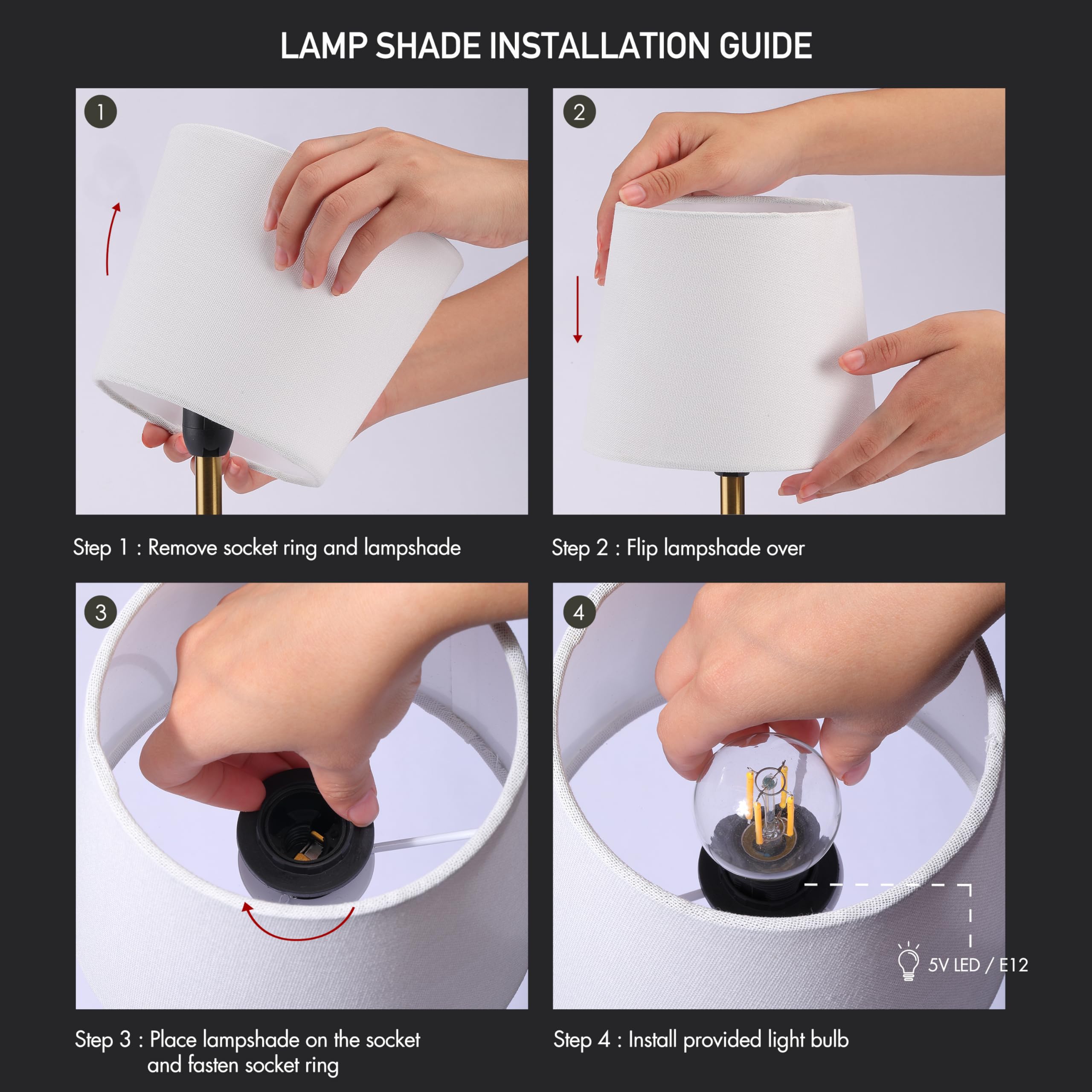 Supplier assembly guide showing shade fitting and the supplied low-voltage bulb