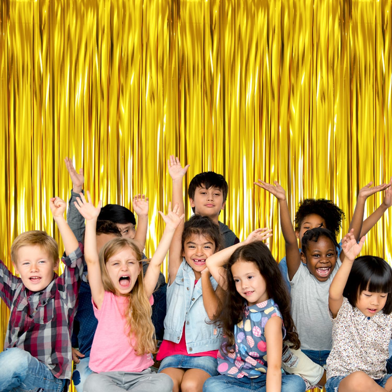 Gold fringe behind a promotional group photograph