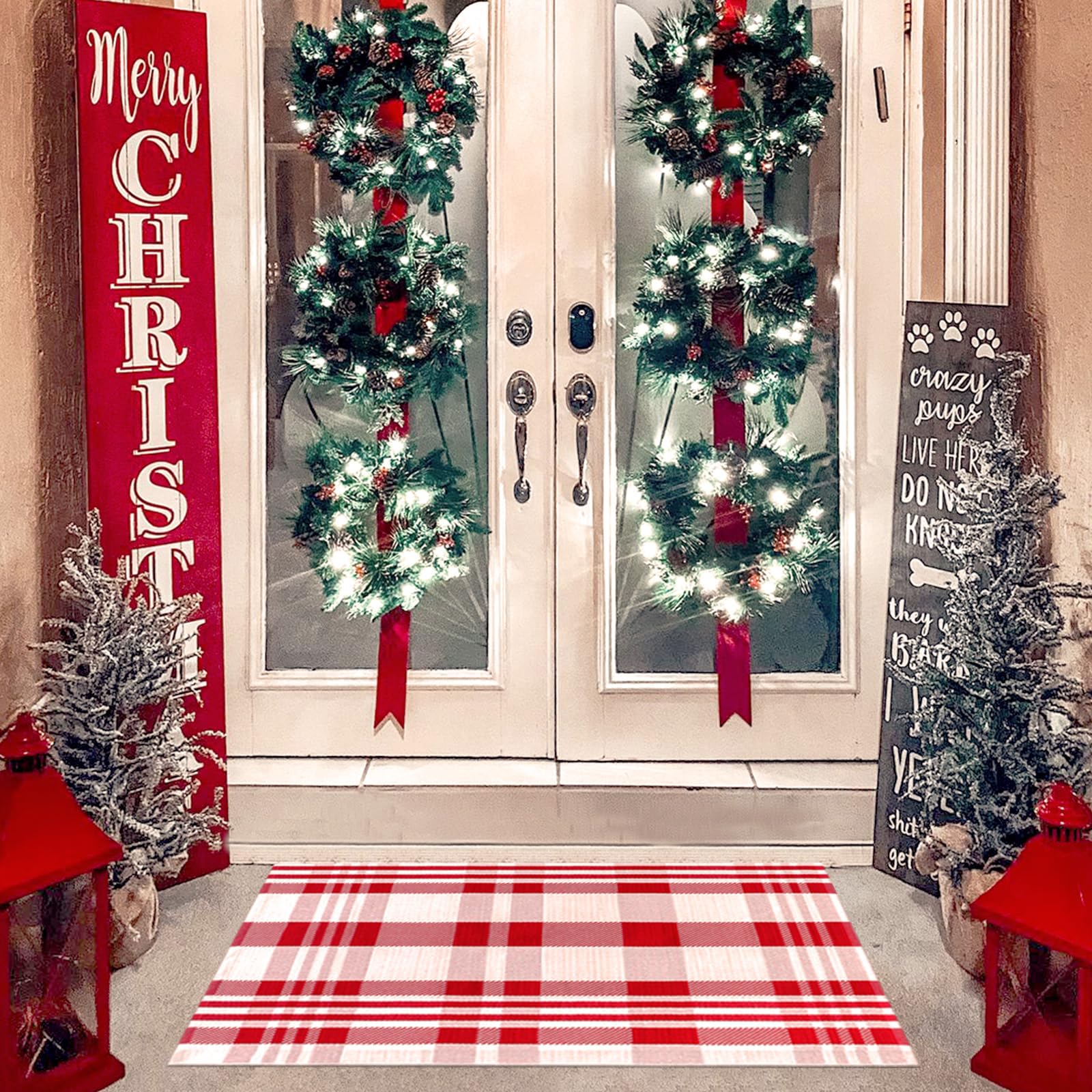 Fallovea red-and-white plaid rug styled at a Christmas entry, with decorations sold separately