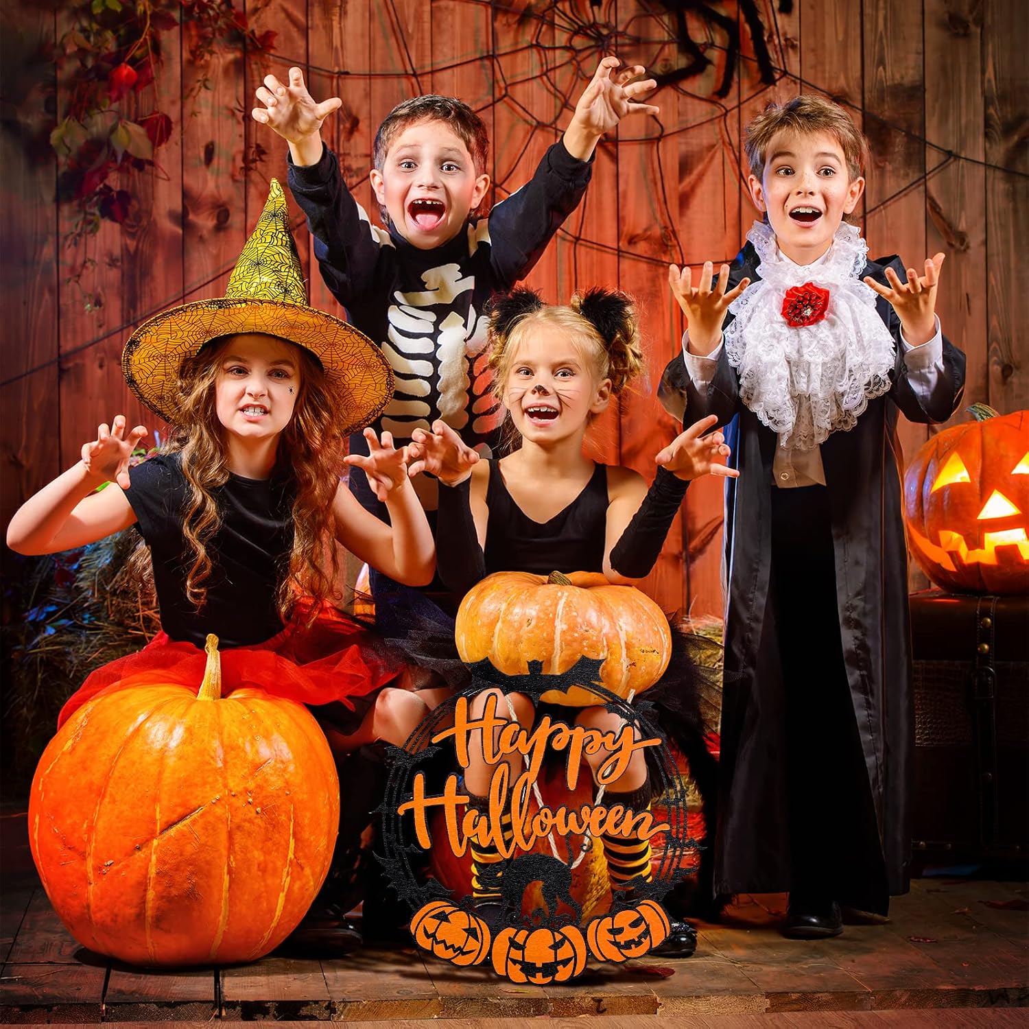Hanging sign in a promotional Halloween party scene