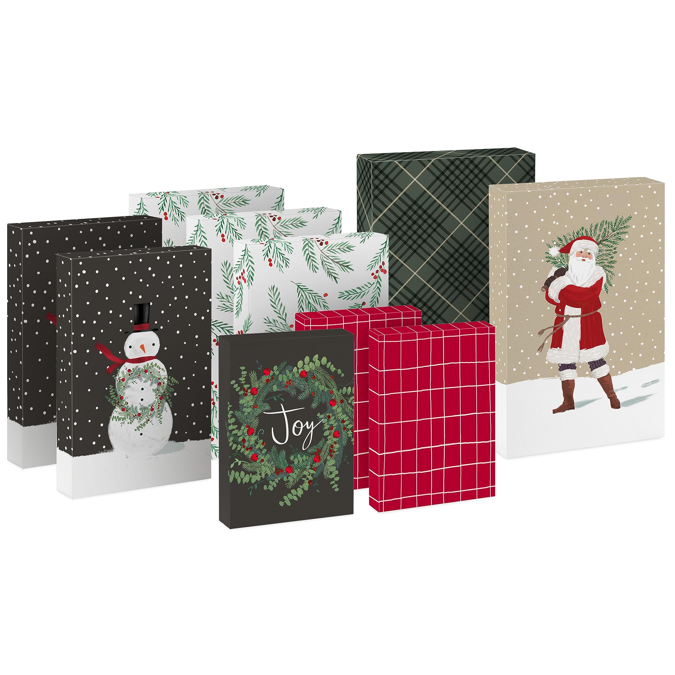 Hallmark ten-box Christmas shirt-box assortment with Santa, snowman, plaid, and greenery lids