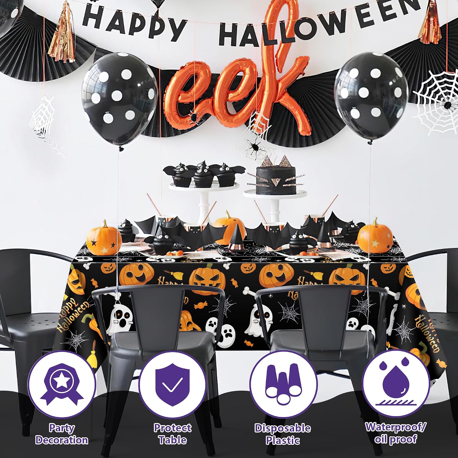 Black Halloween cloth in a styled party-table scene