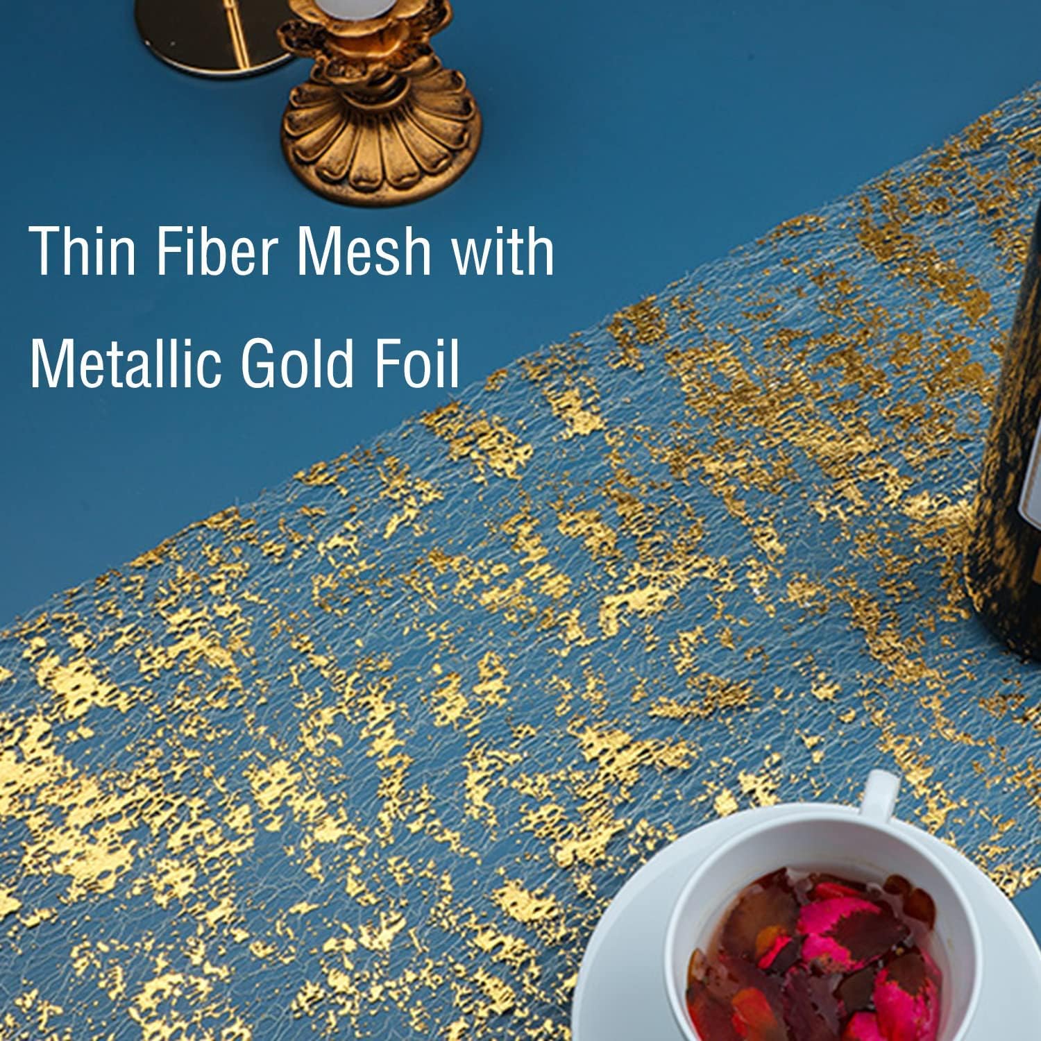 Close view of gold foil pattern on thin mesh