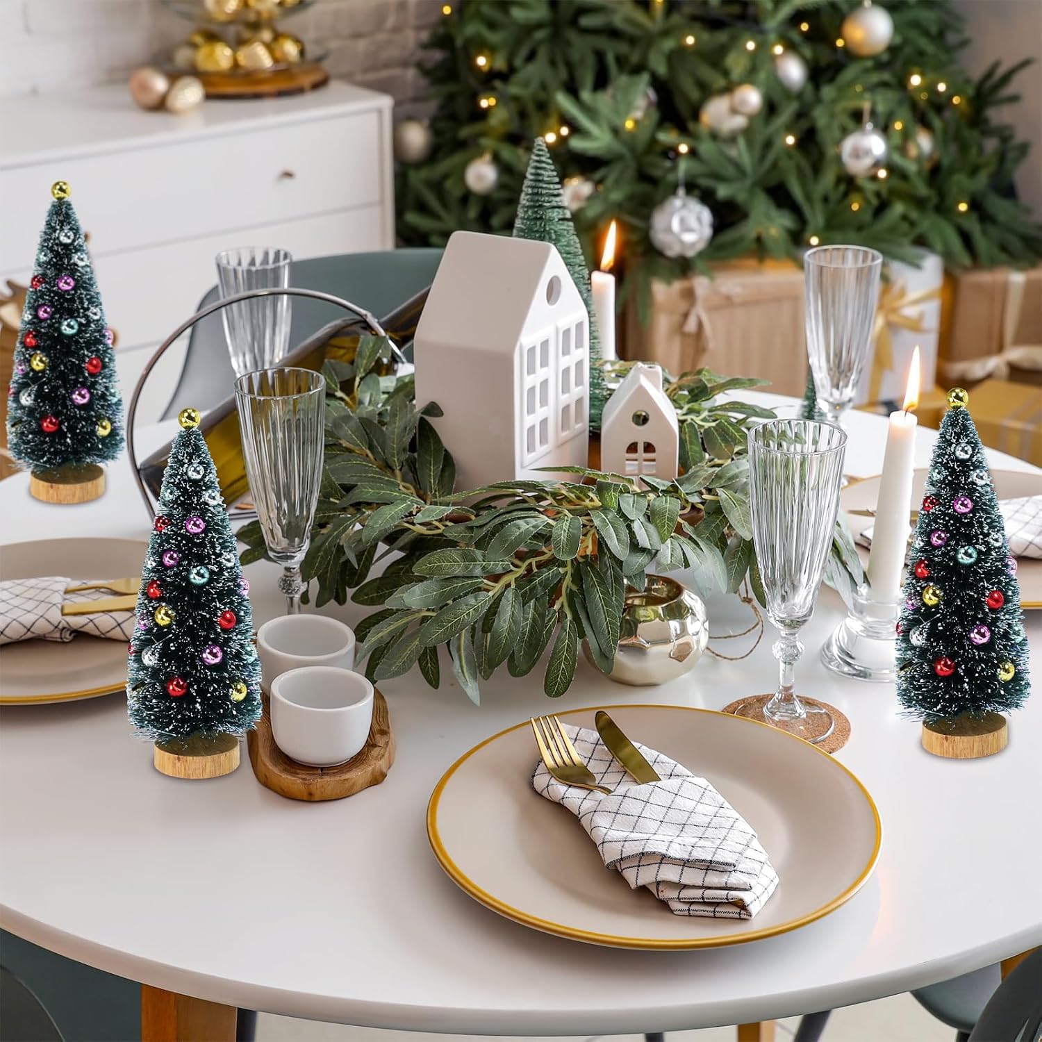 Miniature trees in a promotional dining-table scene