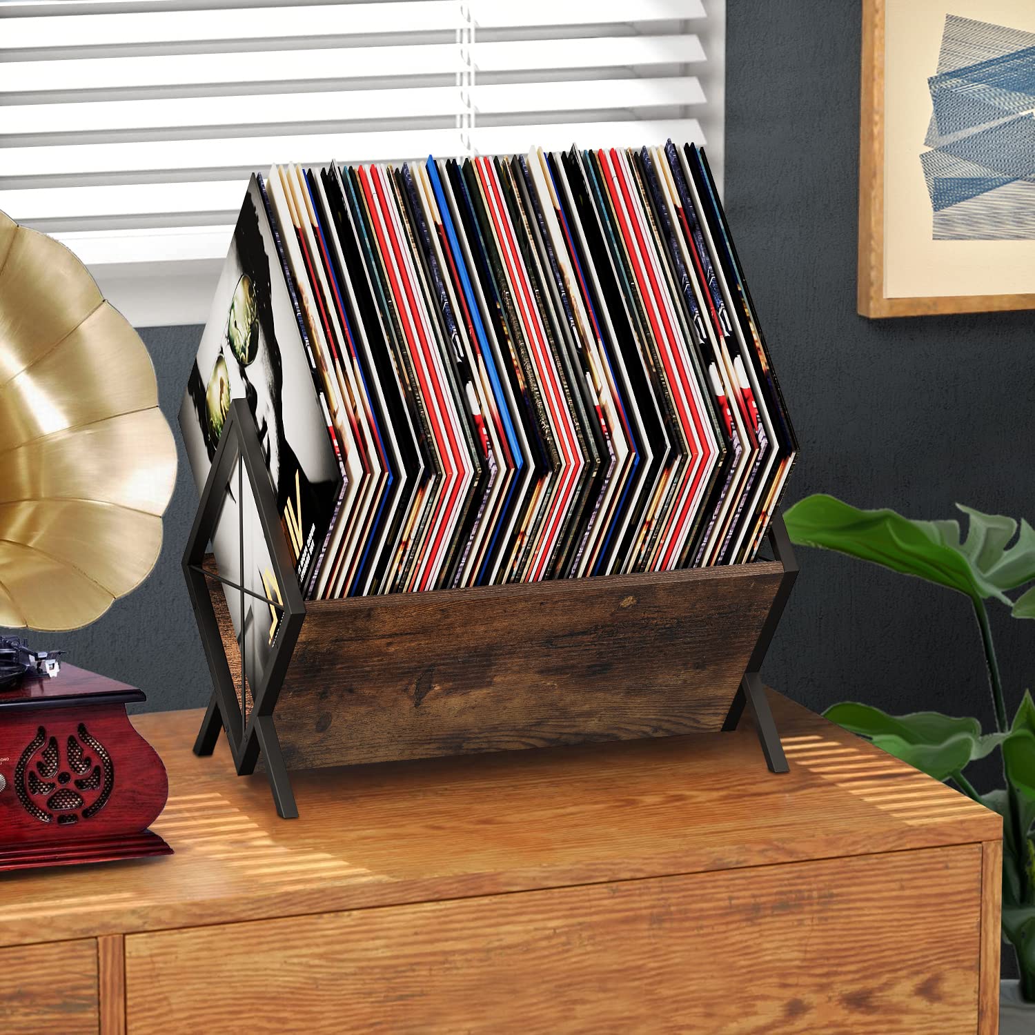 YINMIT rustic-brown vinyl rack holding separate records on a cabinet