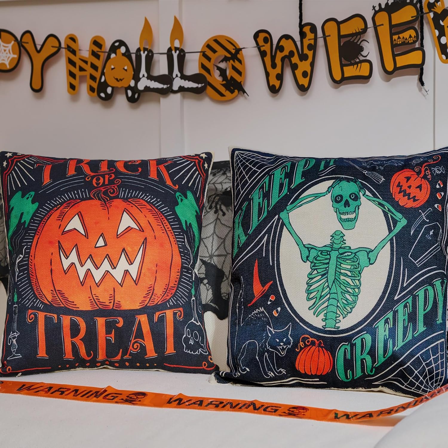 Pumpkin and skeleton covers in a listing scene