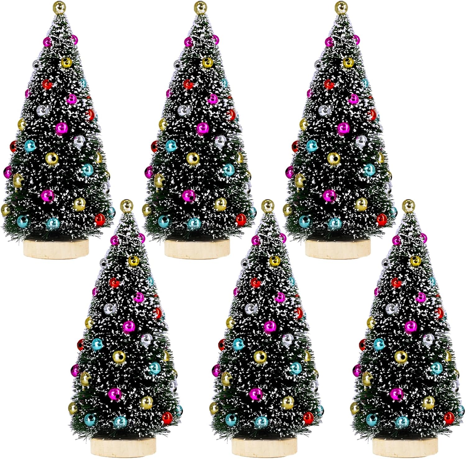 Winlyn six frosted green miniature trees with bead ornaments