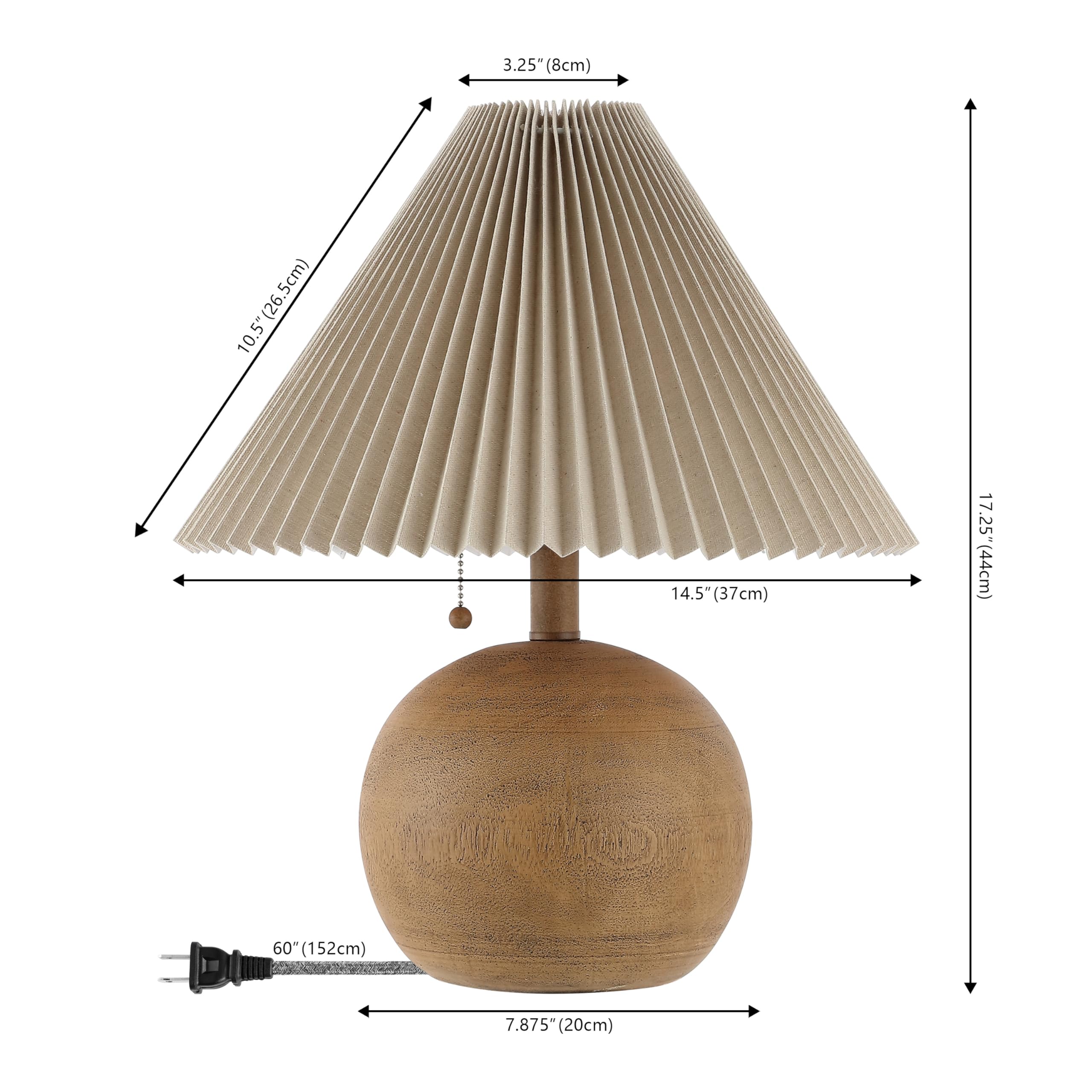 Supplier dimension image of the Aksel lamp, shade, base, and cord