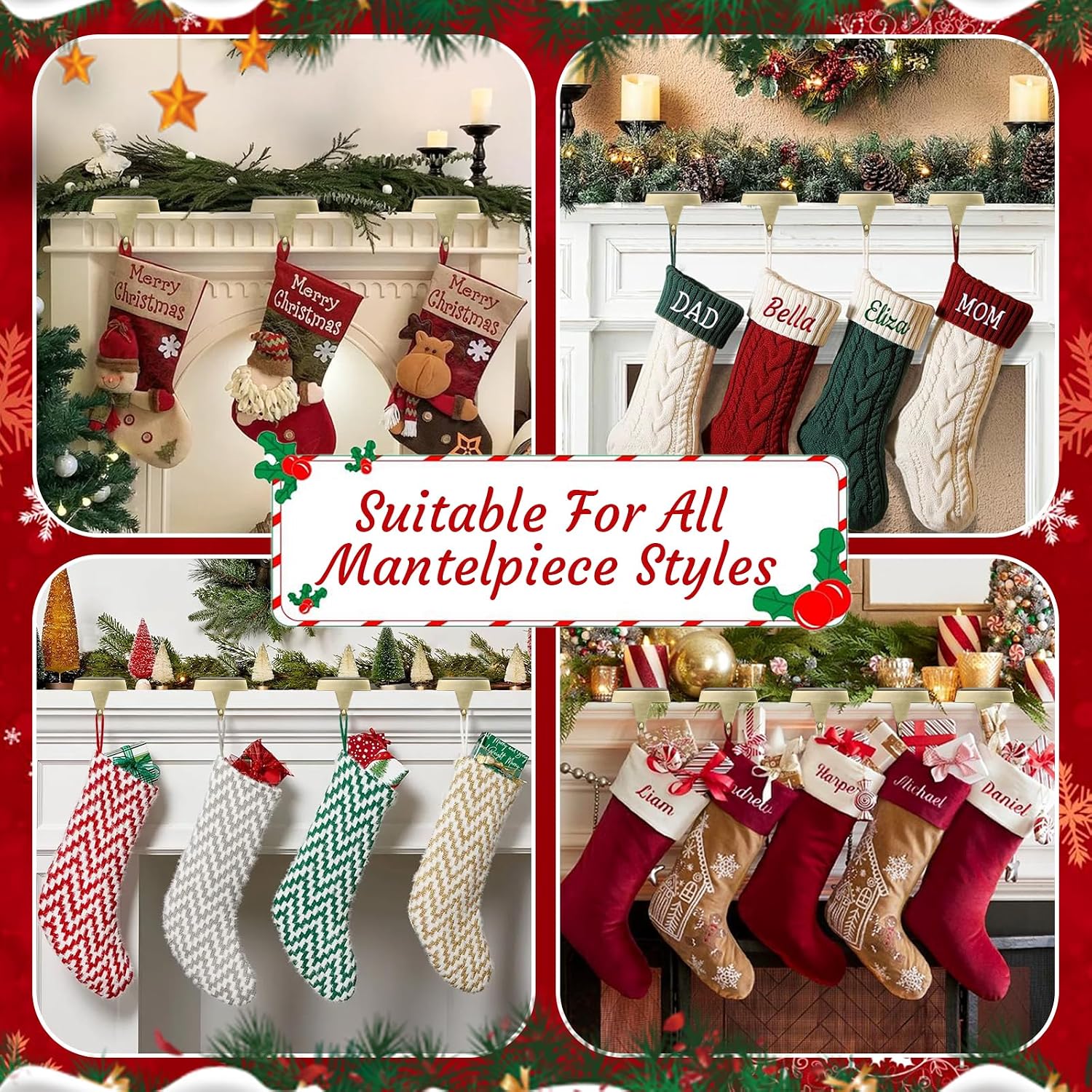 Supplier collage of stocking-holder mantel placements