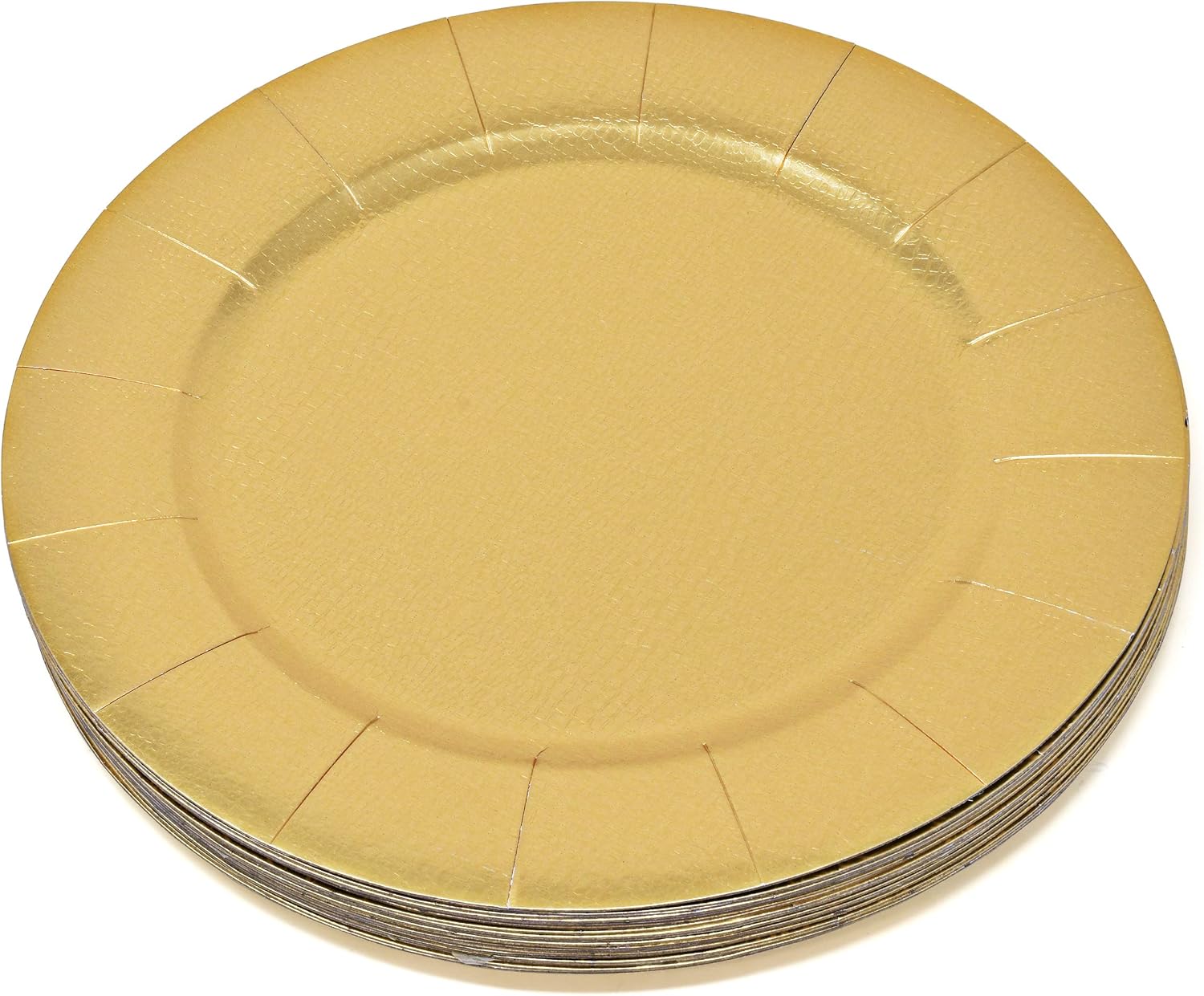 Stack of gold paper charger plates viewed from the rear