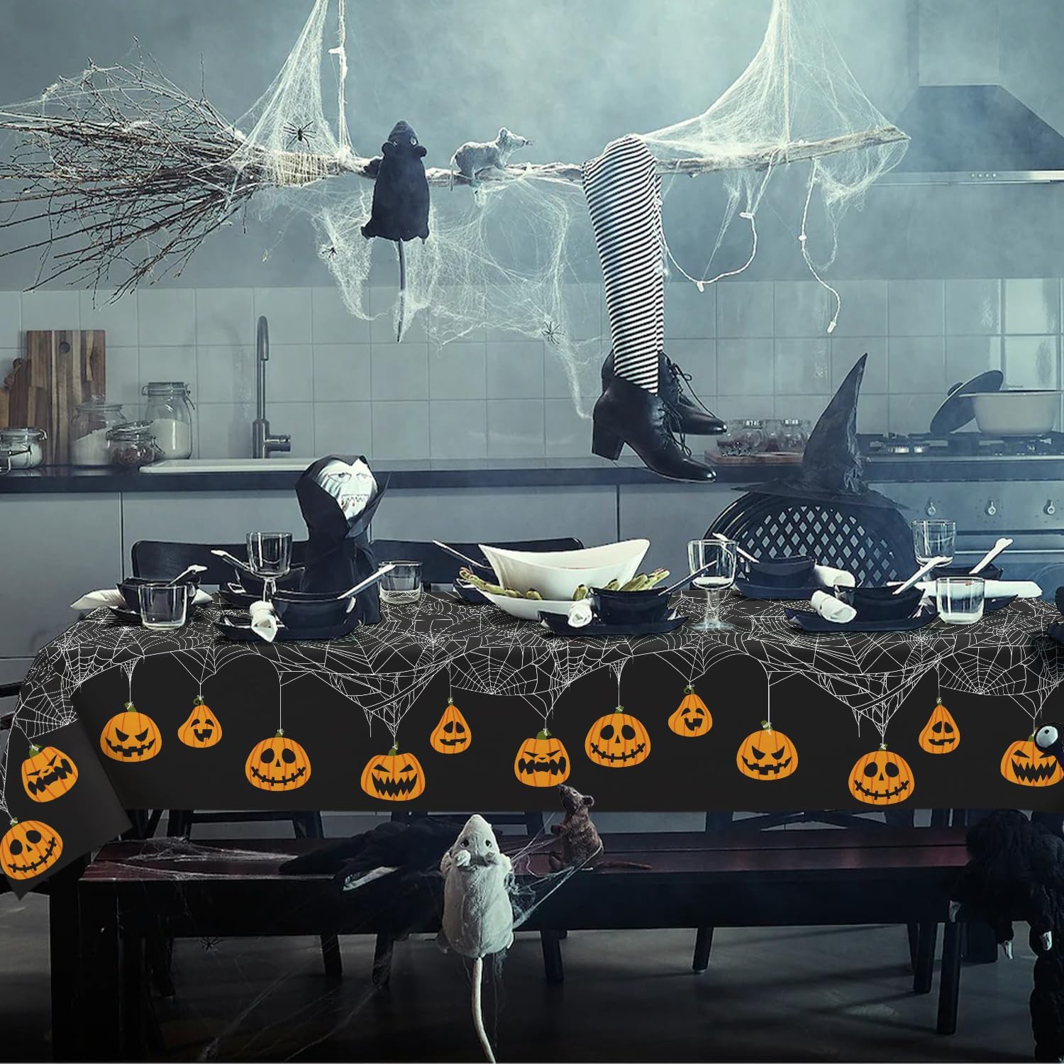 Listing tablecloth scene with a larger Halloween display