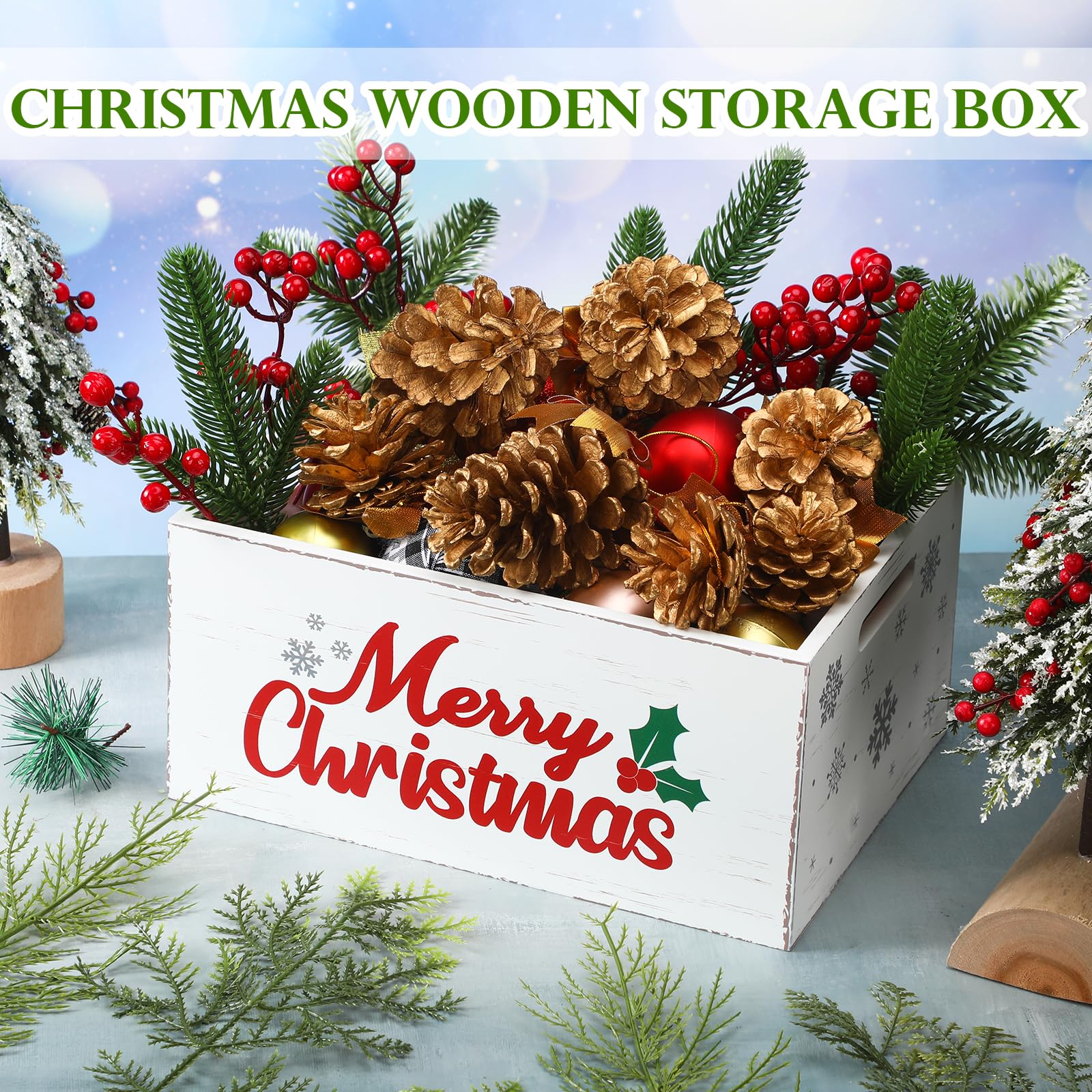 Namalu white Christmas crate filled with separate pine cones and greenery