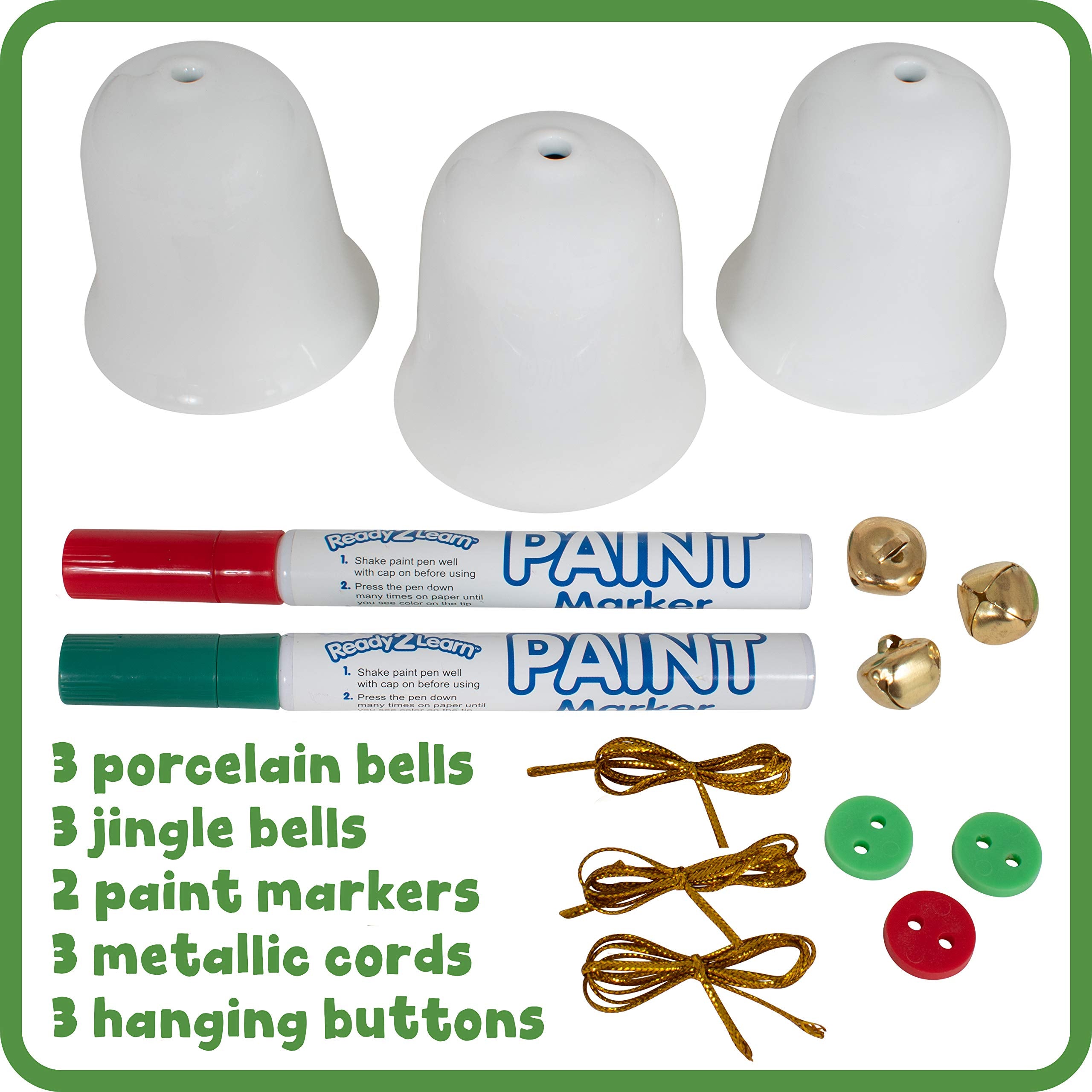 Three blank porcelain bells with paint markers, cords, and hanging pieces