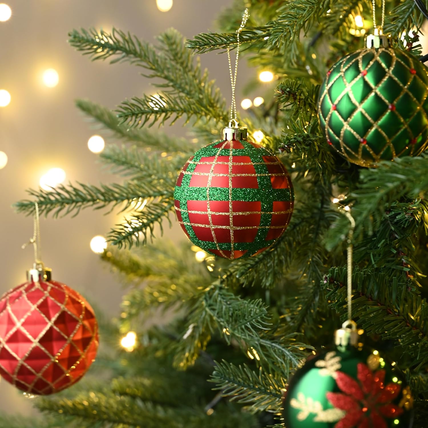 Valery Madelyn plaid and green-pattern ornaments on a tree