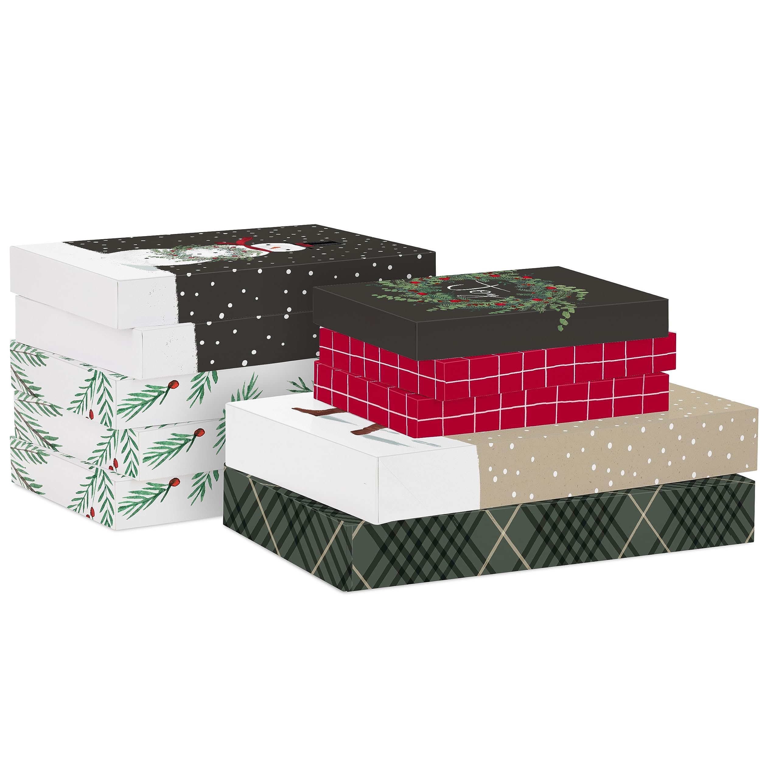 Closed Hallmark shirt boxes stacked in different sizes