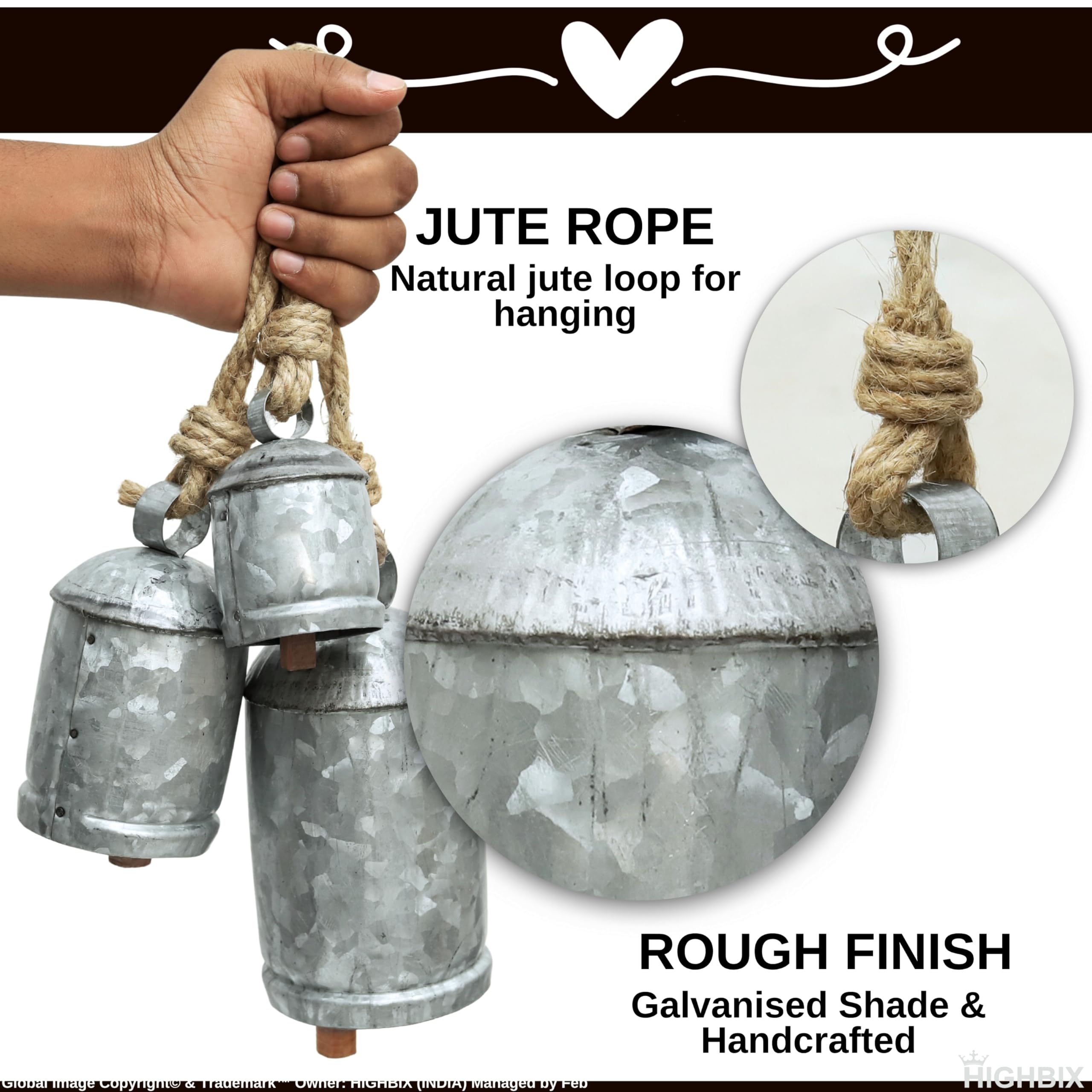Three Highbix galvanized hanging bells held by their jute ropes