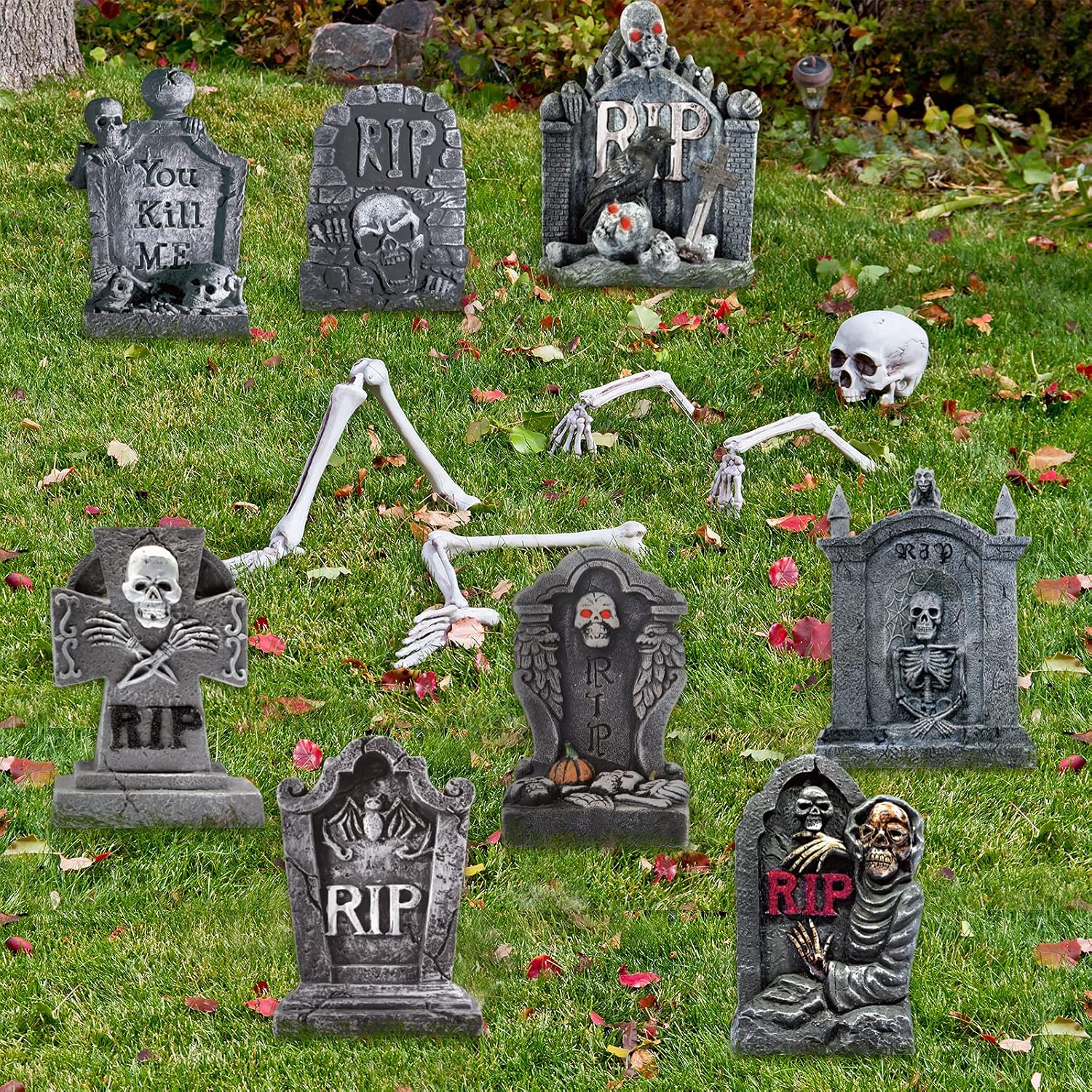 Listing yard scene with tombstone panels and skeleton props