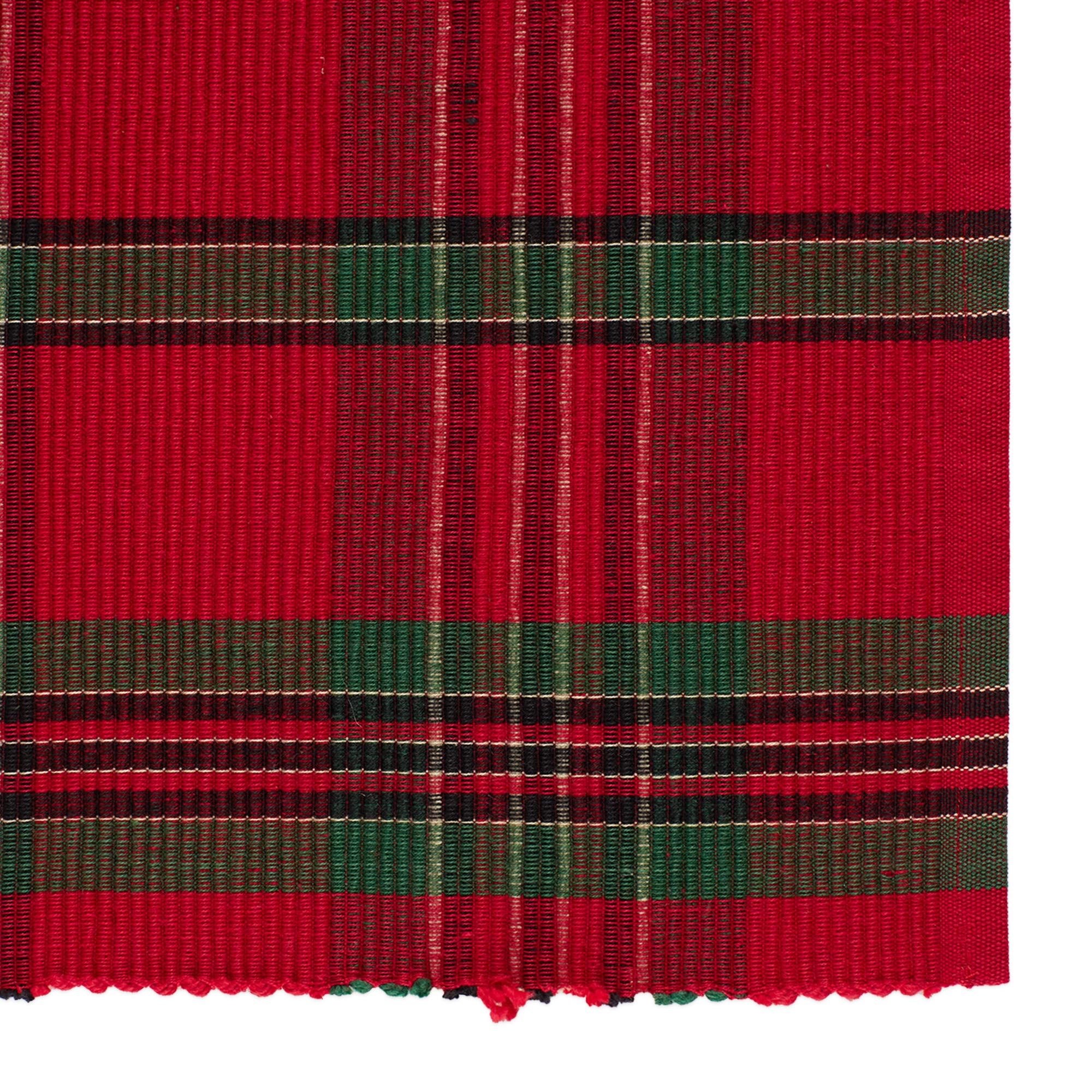 Close view of DII plaid weave and fringed edge