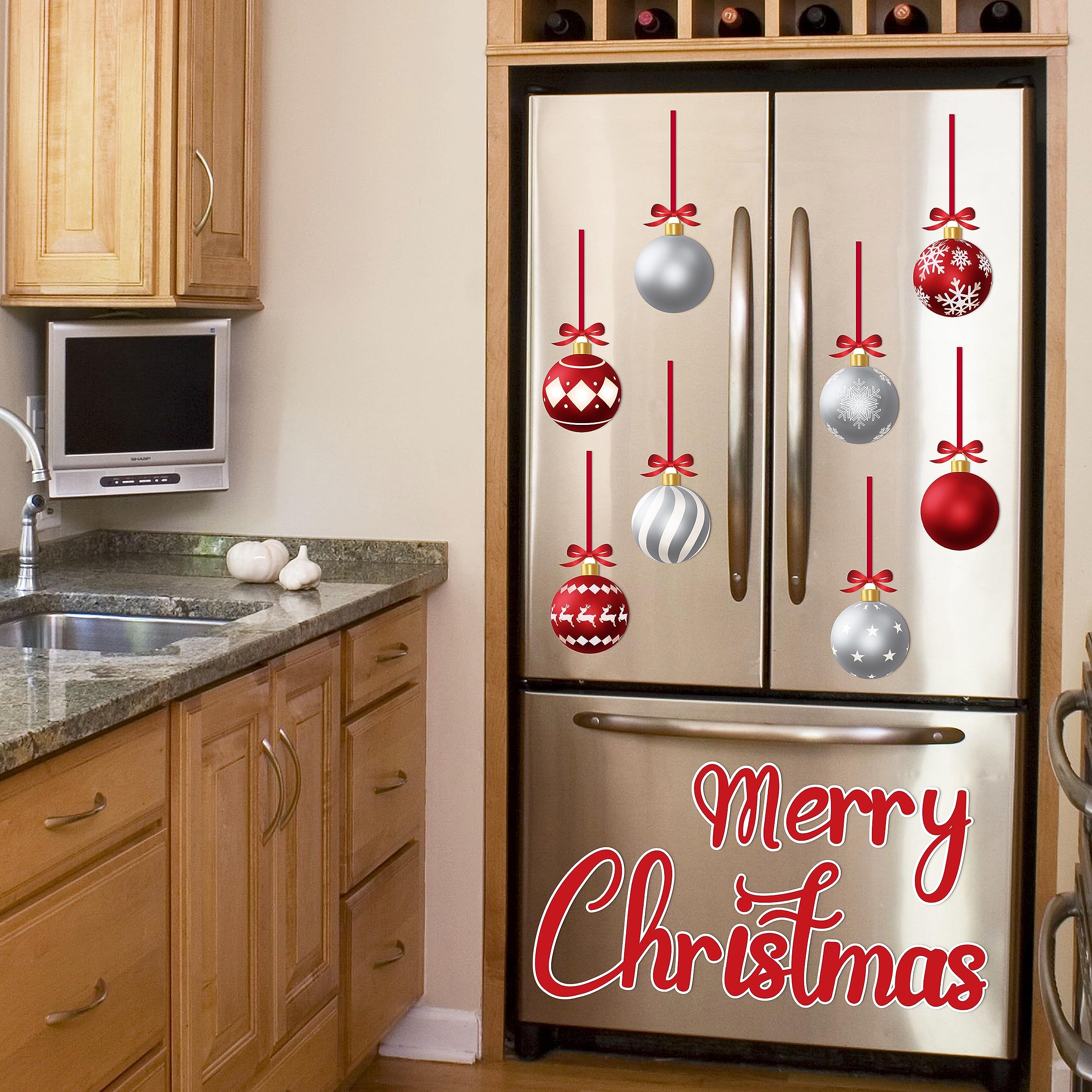 Supplier refrigerator styling scene with large 90shine red-and-silver Christmas magnets